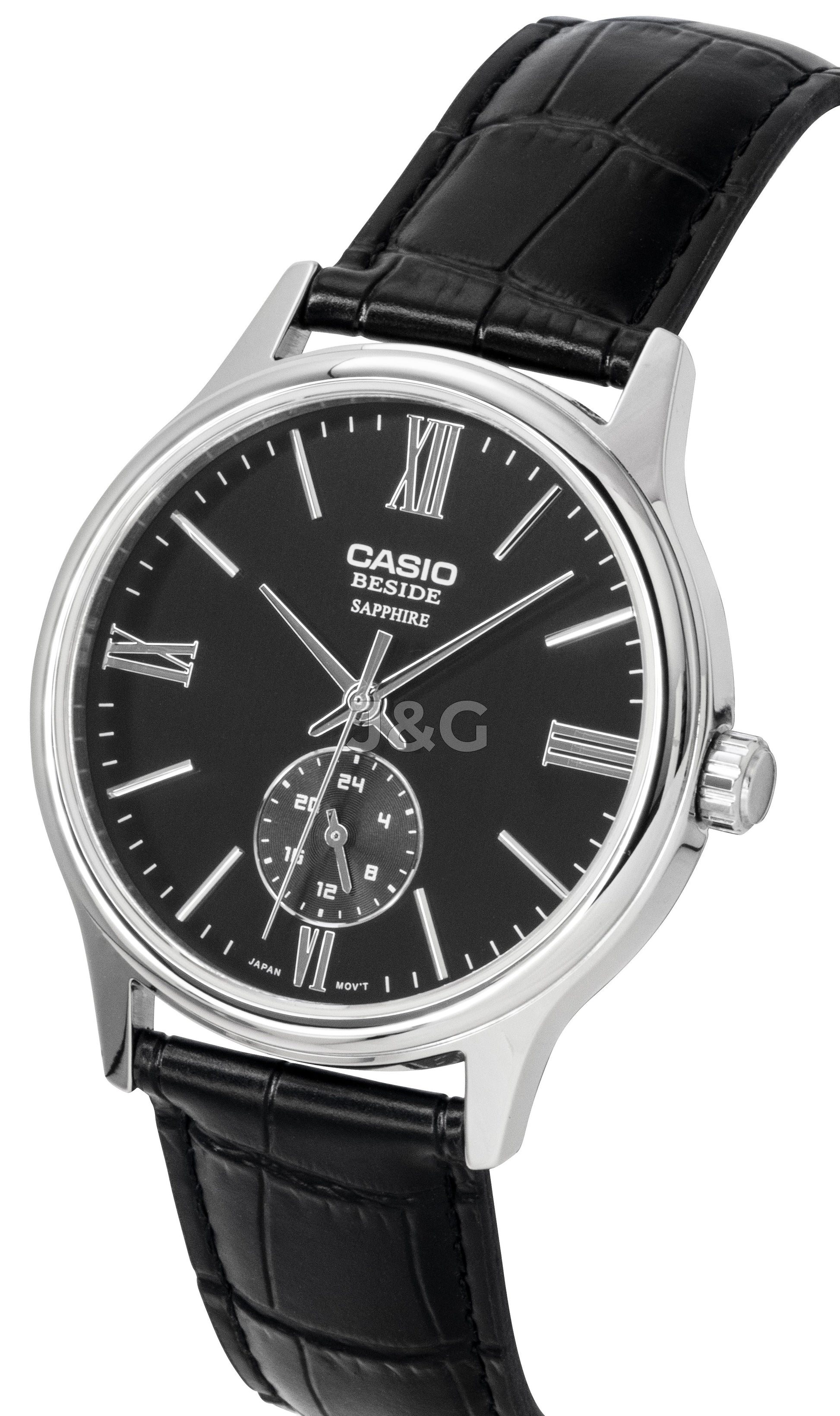 Casio Quartz movement Black Leather Male BMS-100L-1AV. A brand-new Casio watch featuring a Black dial and a Leather strap. Side view. - view 2