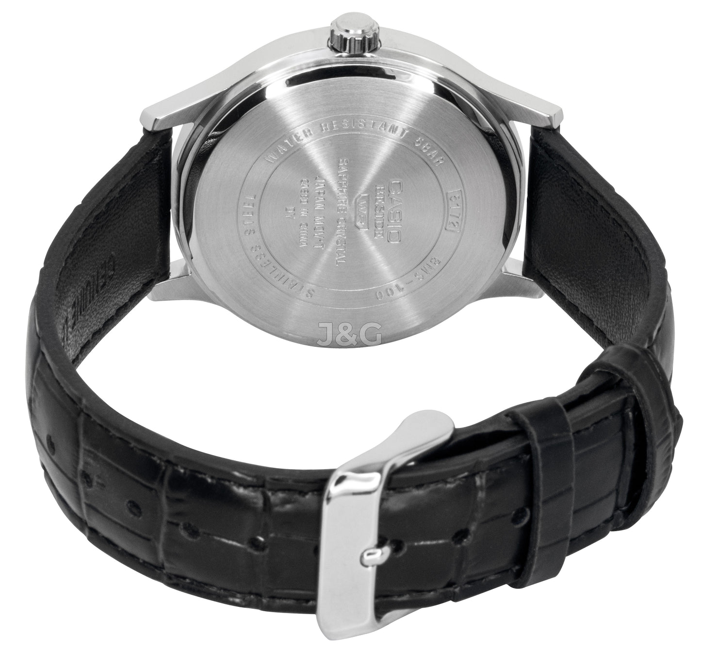 Casio Quartz movement Black Leather Male BMS-100L-1AV. A brand-new Casio watch featuring a Black dial and a Leather strap. Side view. - view 3