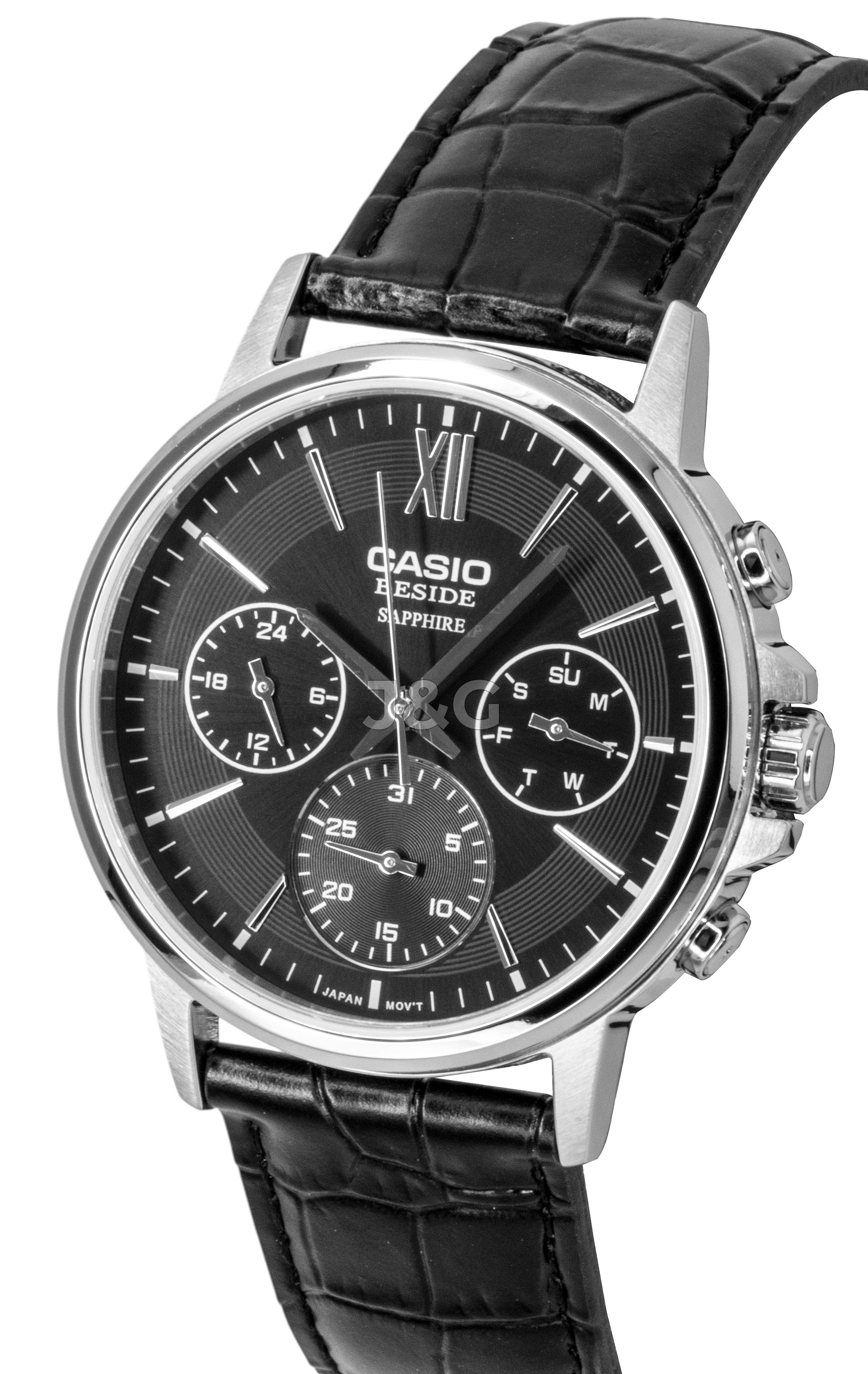 Casio Quartz movement Black Leather Male BMS-300L-1AV. A brand-new Casio watch featuring a Black dial and a Leather strap. Side view. - view 2