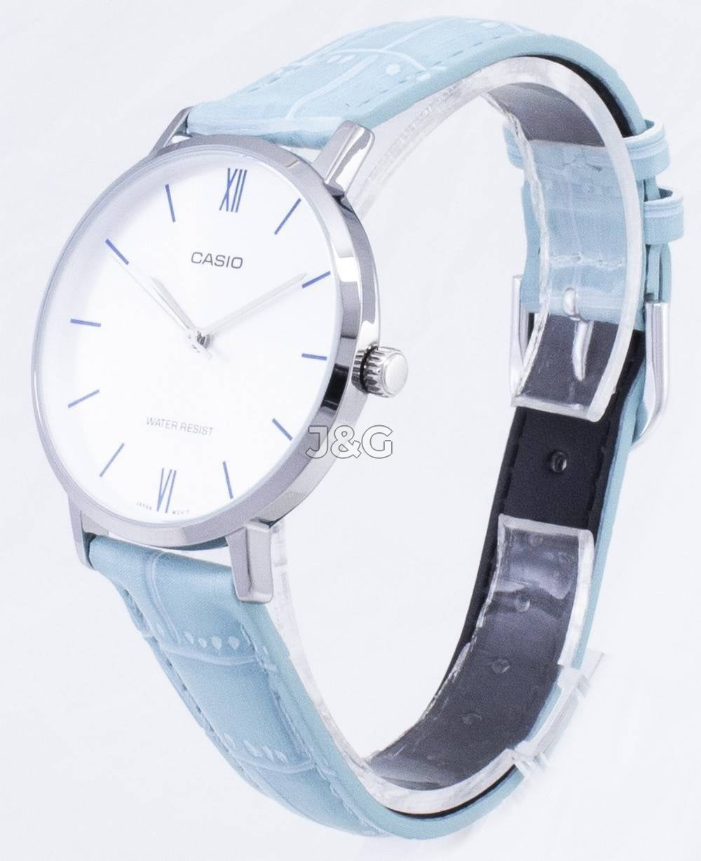 Casio Quartz movement Blue Leather Female LTP-VT01L-7B3. A brand-new Casio watch featuring a Blue dial and a Leather strap. Front view. - view 2