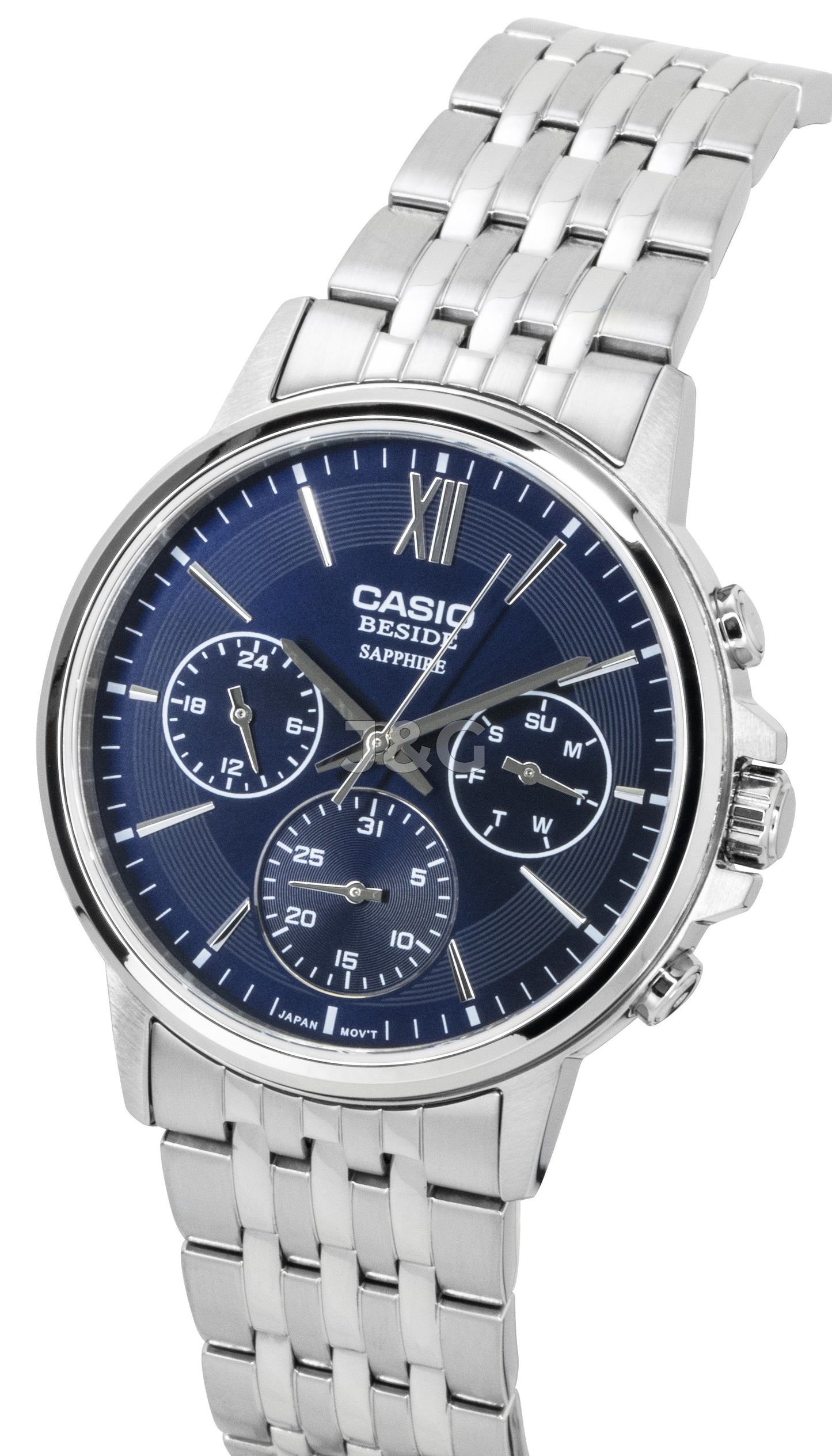 Casio Quartz movement Blue Stainless steel Male BMS-300D-2AV. A brand-new Casio watch featuring a Blue dial and a Stainless steel strap. Angled view. - view 2
