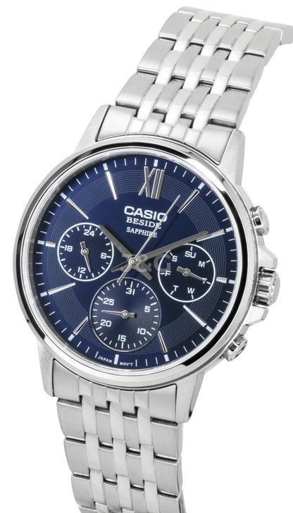 Casio Quartz movement Blue Stainless steel Male BMS-300D-2AV. A brand-new Casio watch featuring a Blue dial and a Stainless steel strap. Angled view. - view 2