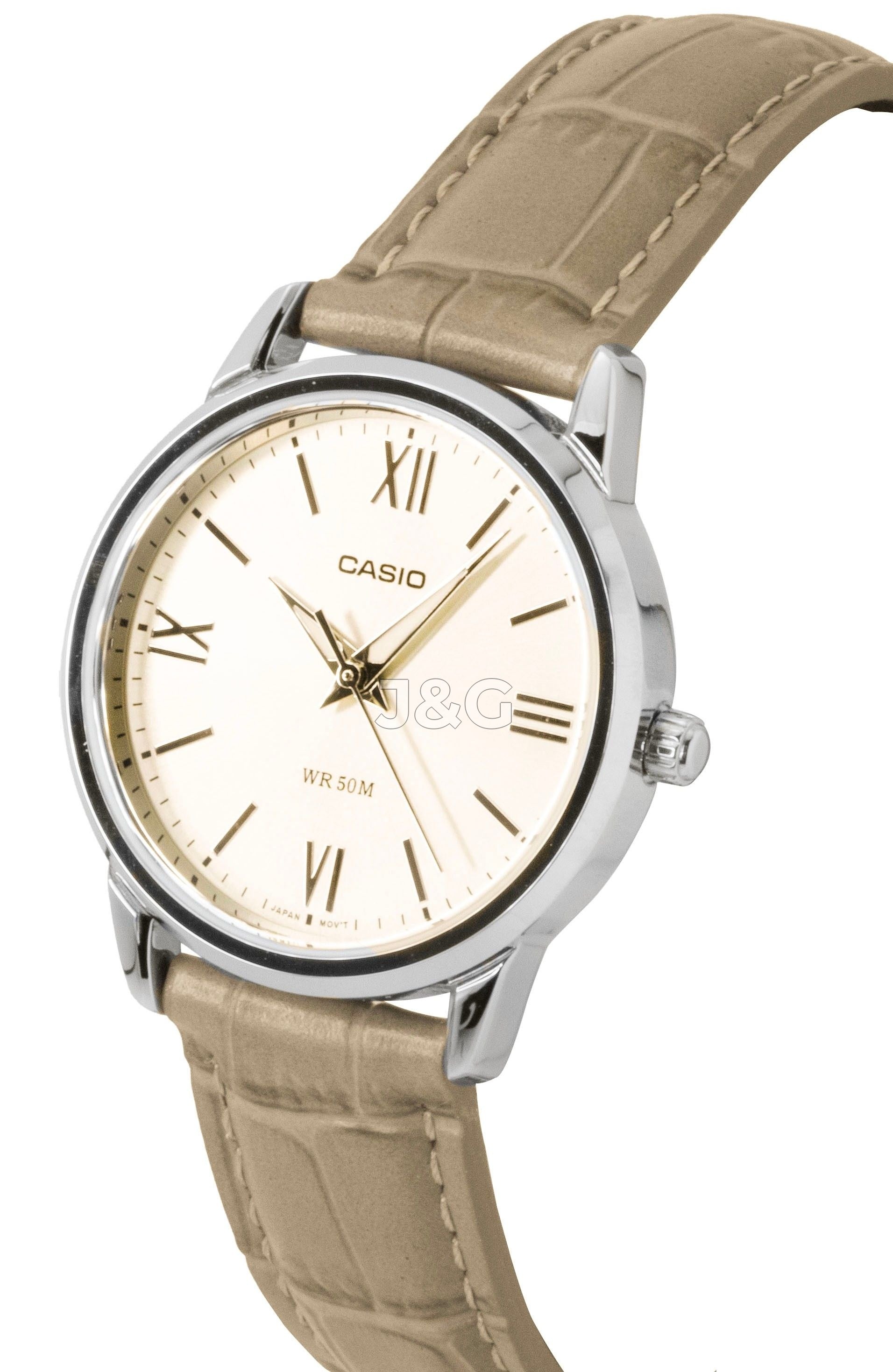 Casio Quartz movement Gold Leather Female LTP-1303LL-7AV. A brand-new Casio watch featuring a Gold dial and a Leather strap. Front view. - view 3