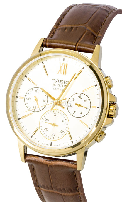 Casio Quartz movement Gold Leather Male BMS-300GL-5AV. A brand-new Casio watch featuring a Gold dial and a Leather strap. Side view. - view 2