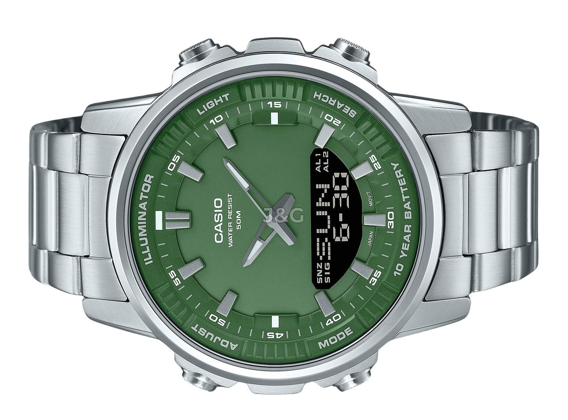 Casio Quartz movement Green Stainless steel Male AMW-880D-3AV. A brand-new Casio watch featuring a Green dial and a Stainless steel strap. Front view. - view 3