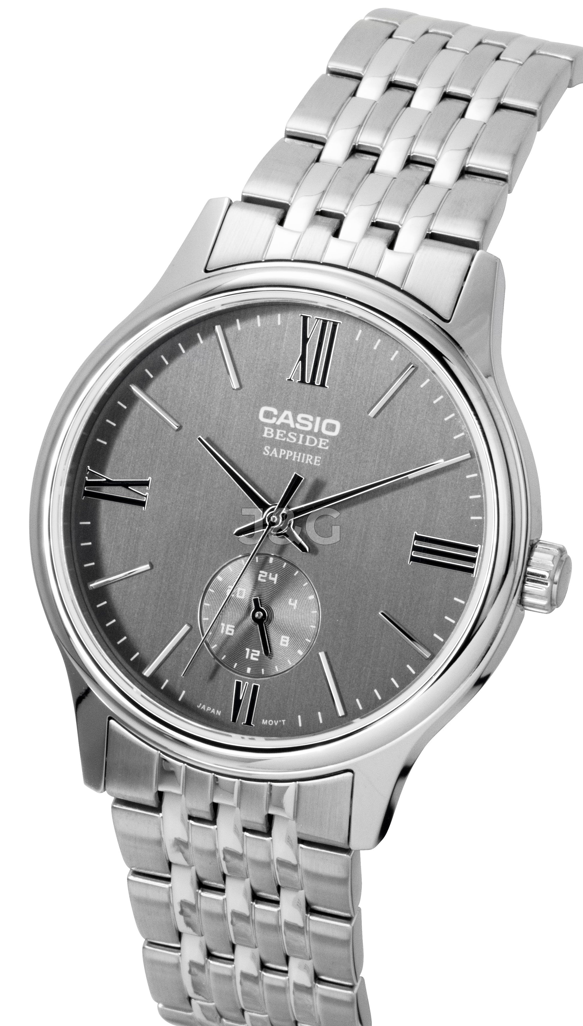 Casio Quartz movement Grey Stainless steel Male BMS-100D-8AV. A brand-new Casio watch featuring a Grey dial and a Stainless steel strap. Side view. - view 2