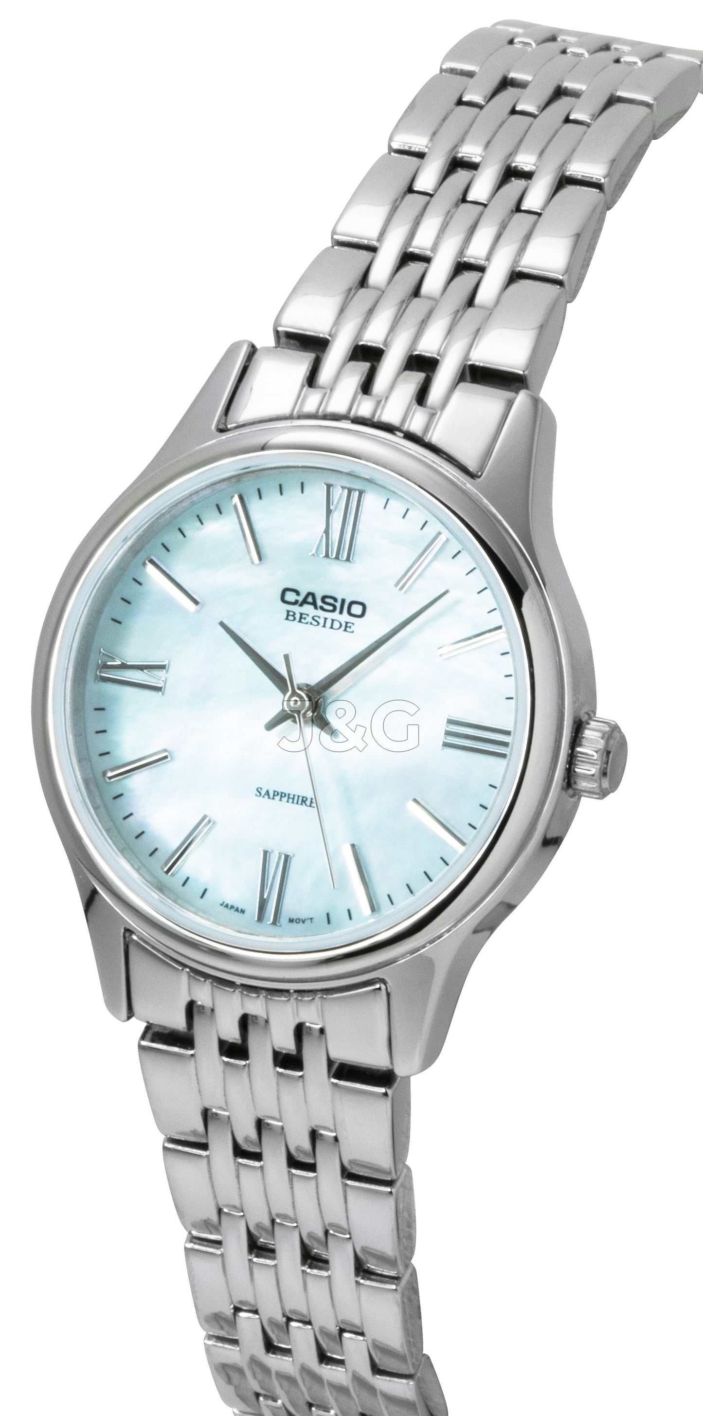 Casio Quartz movement Mother Of Pearl Stainless steel Female BLS-100DS-2AV. A brand-new Casio watch featuring a Mother Of Pearl dial and a Stainless steel strap. Side view. - view 2