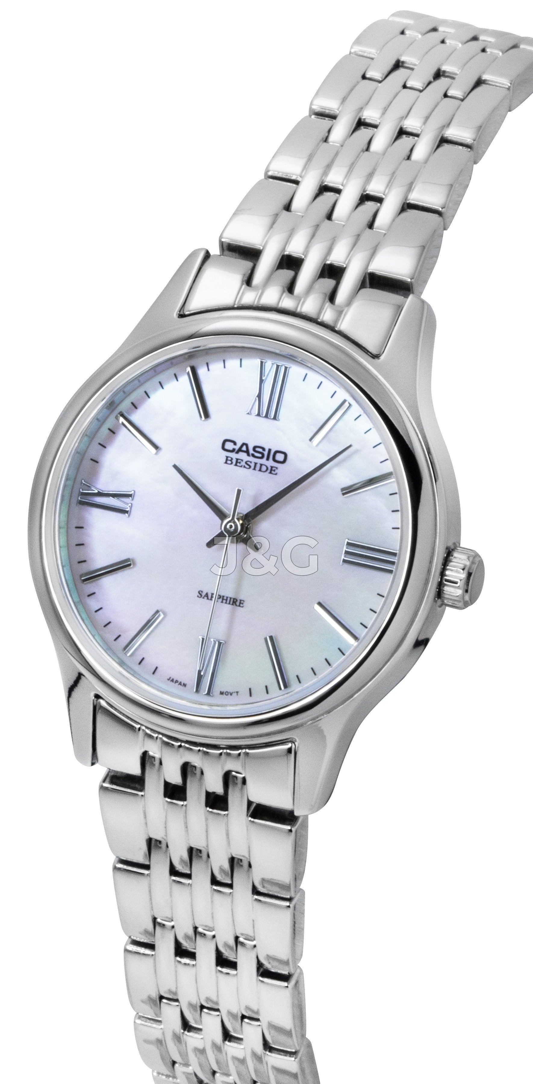 Casio Quartz movement Pink Mother Of Pearl Stainless steel Female BLS-100DS-4AV. A brand-new Casio watch featuring a Pink Mother Of Pearl dial and a Stainless steel strap. Front view. - view 2