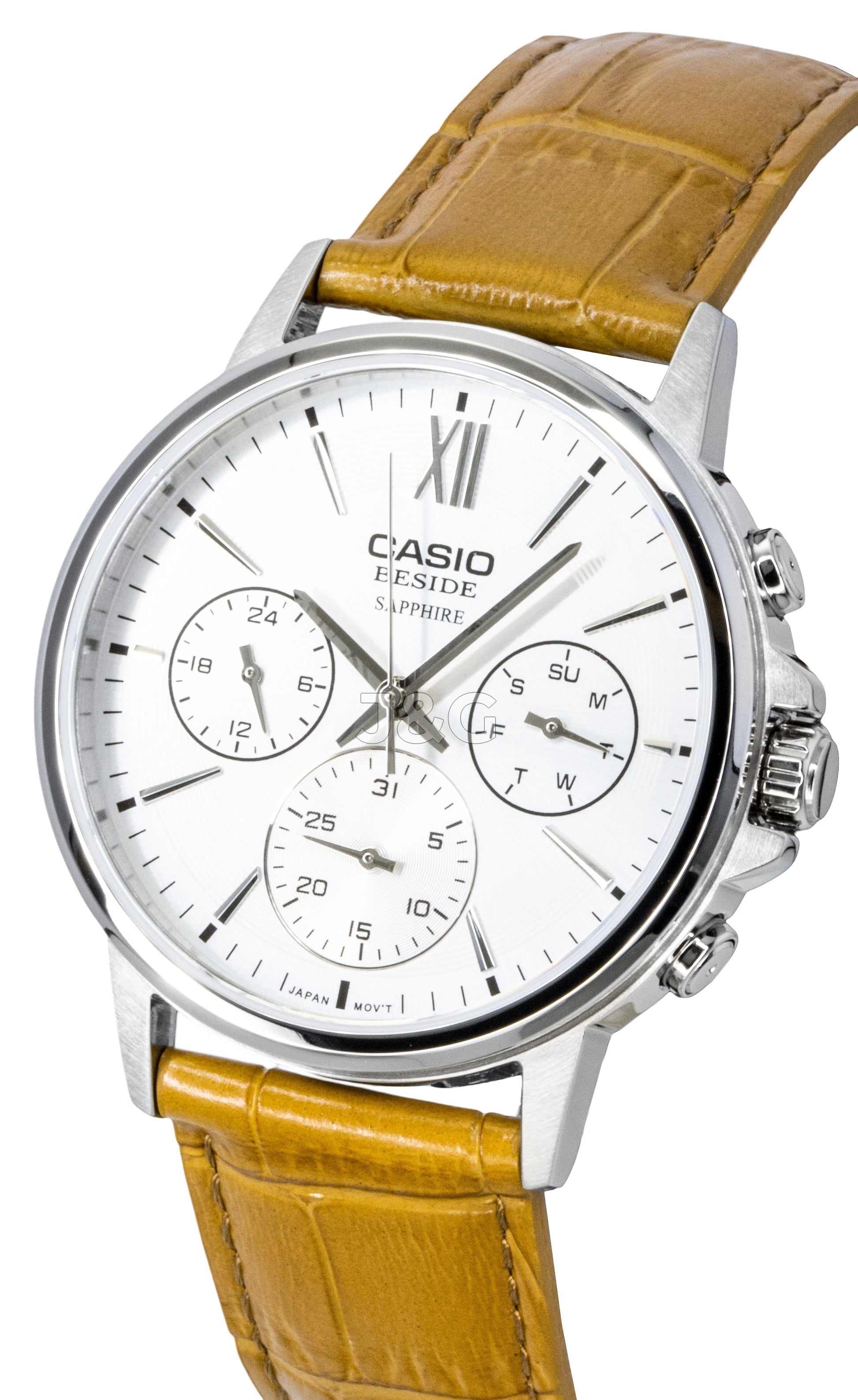 Casio Quartz movement Silver Leather Male BMS-300L-5AV. A brand-new Casio watch featuring a Silver dial and a Leather strap. Angled view. - view 2