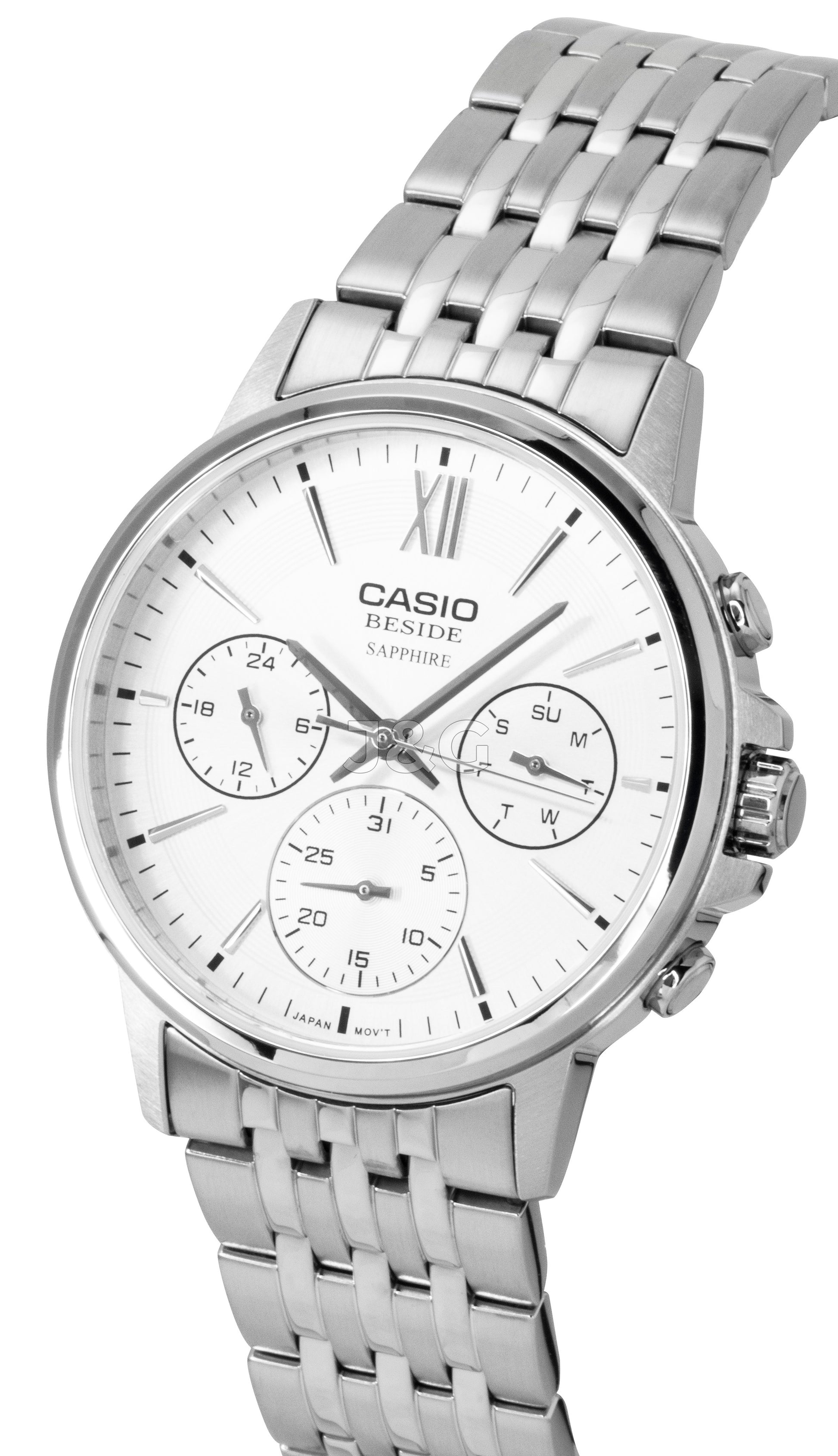 Casio Quartz movement Silver Stainless steel Male BMS-300D-7AV. A brand-new Casio watch featuring a Silver dial and a Stainless steel strap. Front view. - view 2