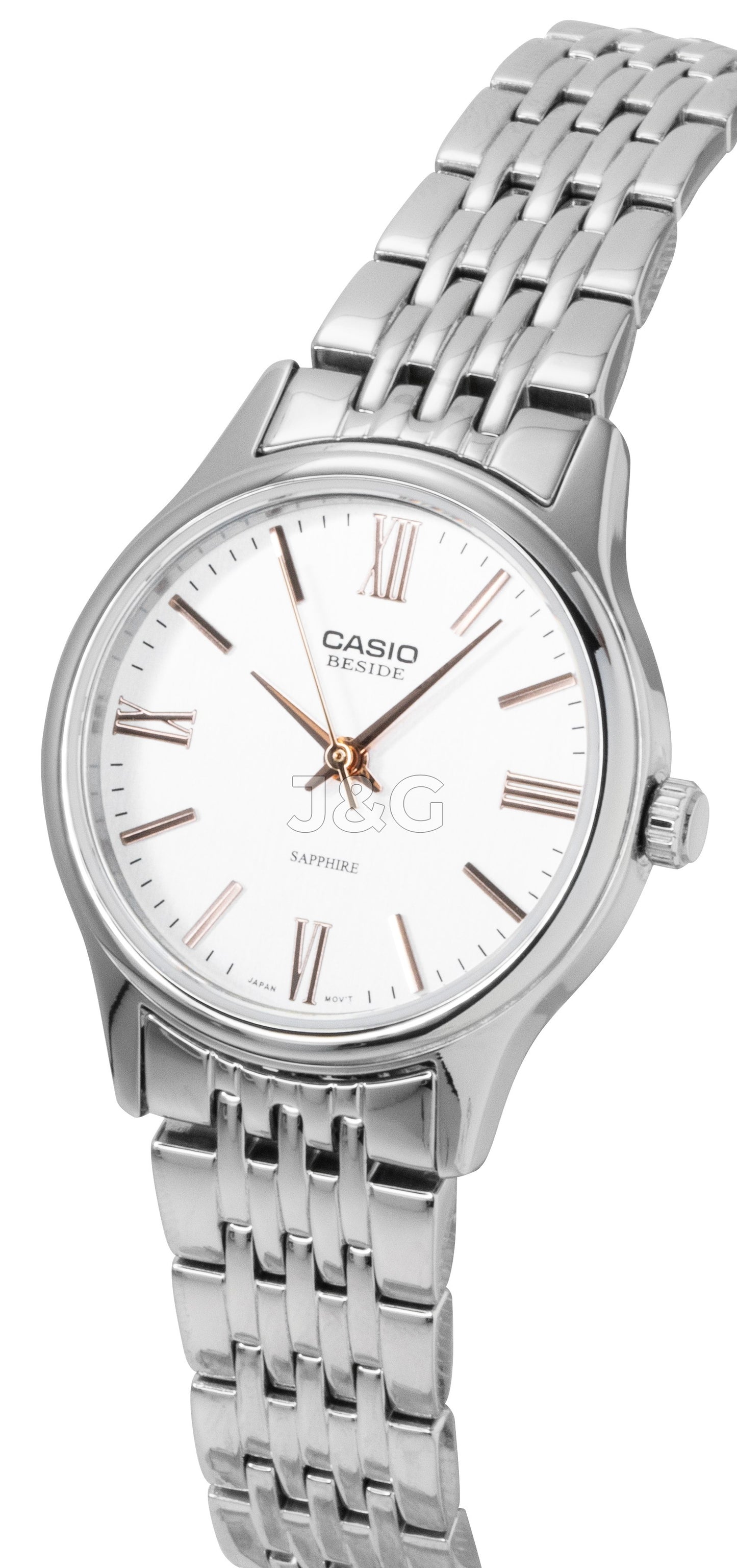 Casio Quartz movement White Stainless steel Female BLS-100D-7AV. A brand-new Casio watch featuring a White dial and a Stainless steel strap. Side view. - view 2