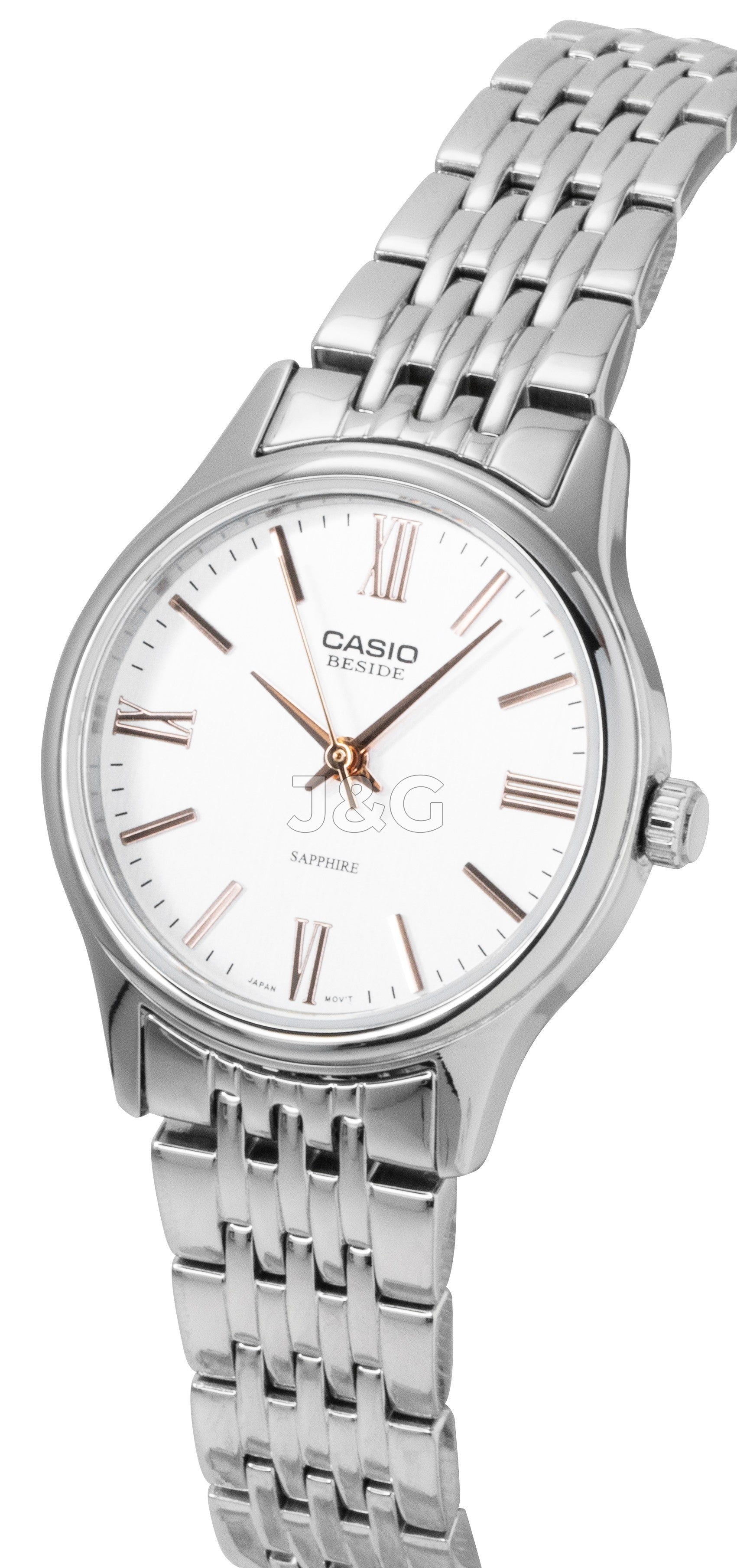 Casio Quartz movement White Stainless steel Female BLS-100D-7AV. A brand-new Casio watch featuring a White dial and a Stainless steel strap. Side view. - view 2