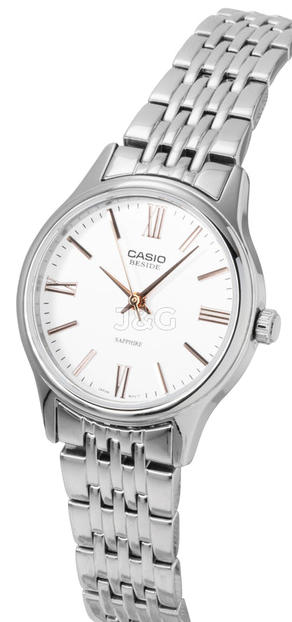 Casio Quartz movement White Stainless steel Female BLS-100D-7AV. A brand-new Casio watch featuring a White dial and a Stainless steel strap. Side view. - view 2