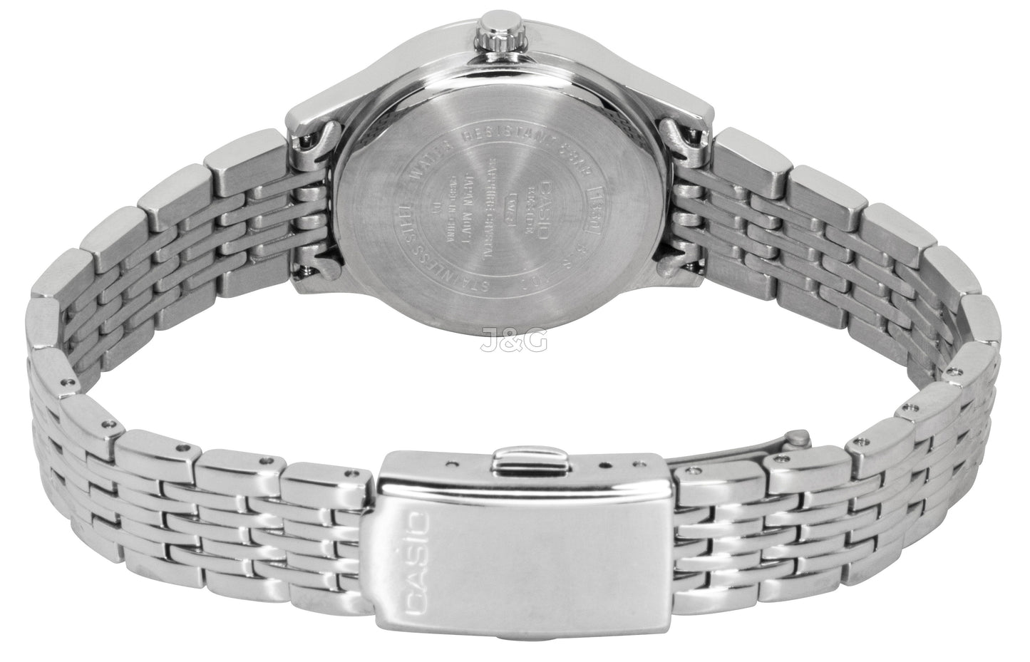 Casio Quartz movement White Stainless steel Female BLS-100D-7AV. A brand-new Casio watch featuring a White dial and a Stainless steel strap. Side view. - view 3