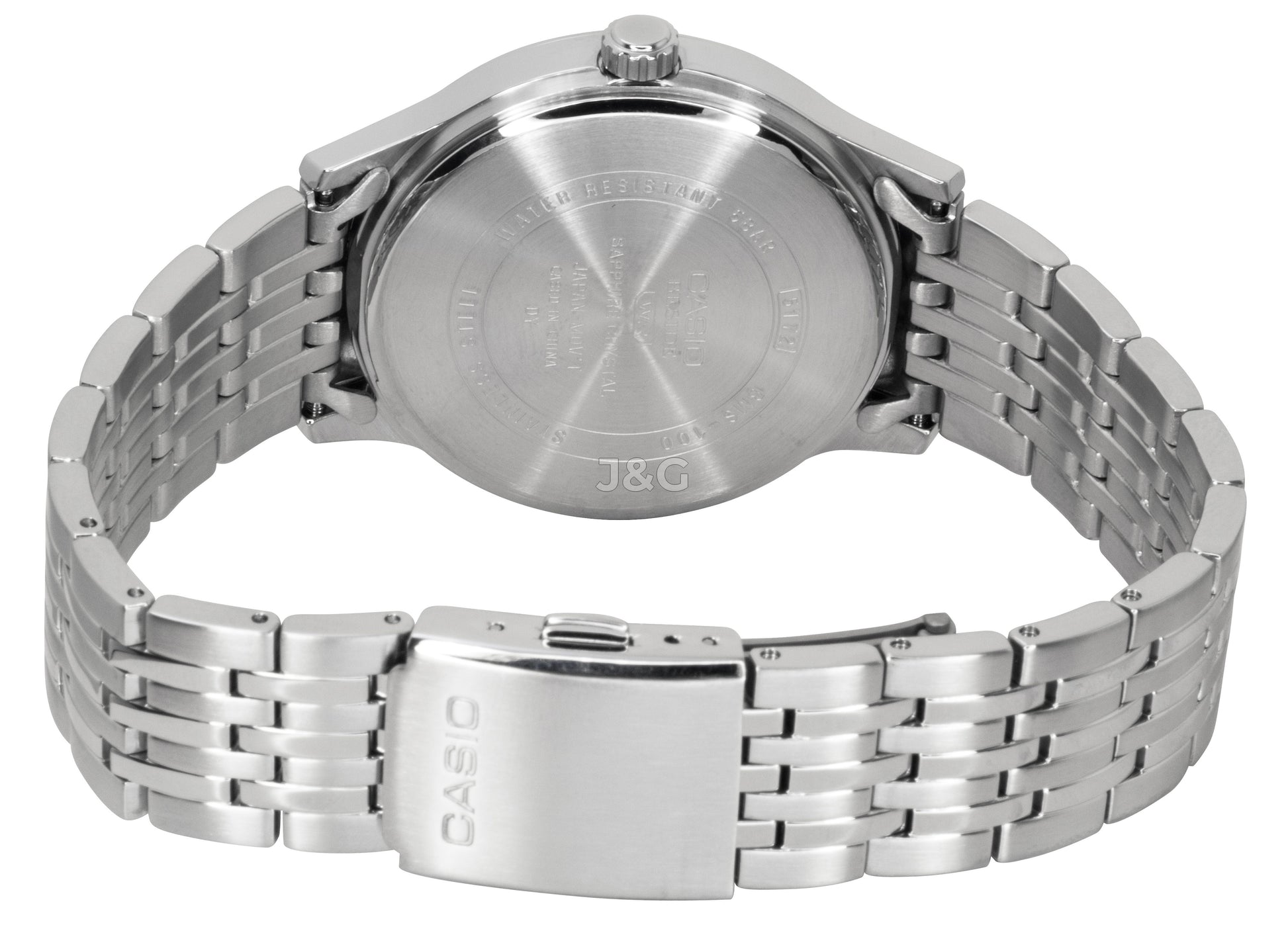 Casio Quartz movement White Stainless steel Male BMS-100D-7AV. A brand-new Casio watch featuring a White dial and a Stainless steel strap. Side view. - view 3