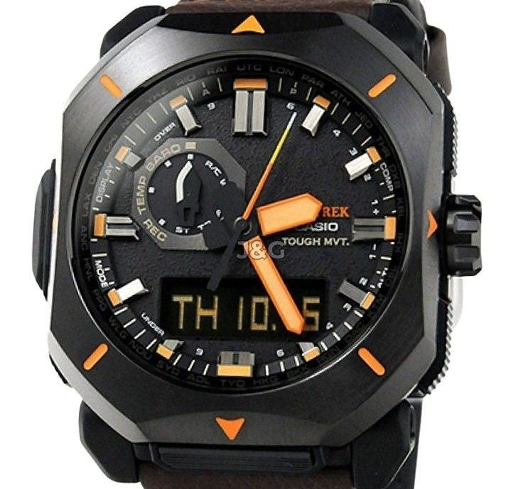 Casio Solar powered Grey Leather Male PRW-6900YL-5. A brand-new Casio watch featuring a Grey dial and a Leather strap. Angled view. - view 2