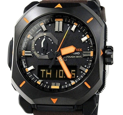 Casio Solar powered Grey Leather Male PRW-6900YL-5. A brand-new Casio watch featuring a Grey dial and a Leather strap. Angled view. - view 2