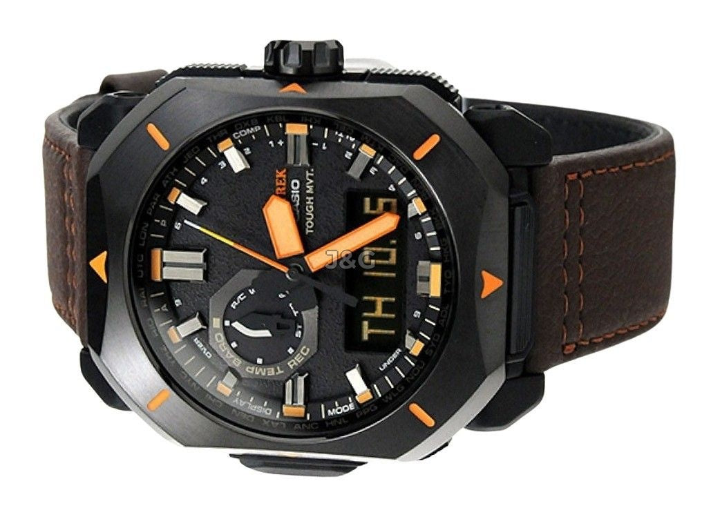 Casio Solar powered Grey Leather Male PRW-6900YL-5. A brand-new Casio watch featuring a Grey dial and a Leather strap. Angled view. - view 3