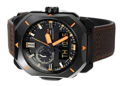 Casio Solar powered Grey Leather Male PRW-6900YL-5. A brand-new Casio watch featuring a Grey dial and a Leather strap. Angled view. - view 3