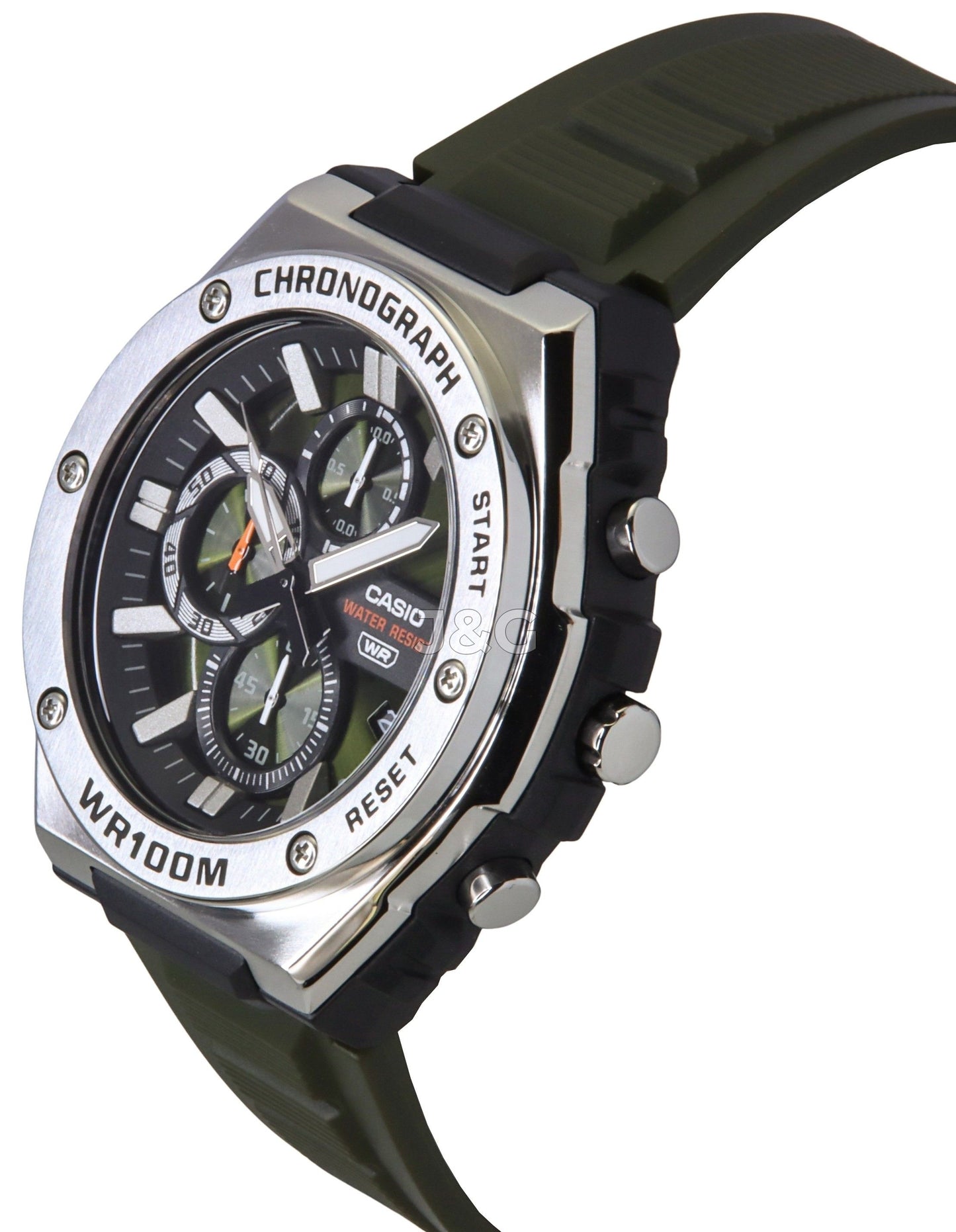 Casio Standard Date display Green Male MWA-300H-3AV. A brand-new Casio Standard watch featuring a Green dial. Angled view. - view 3
