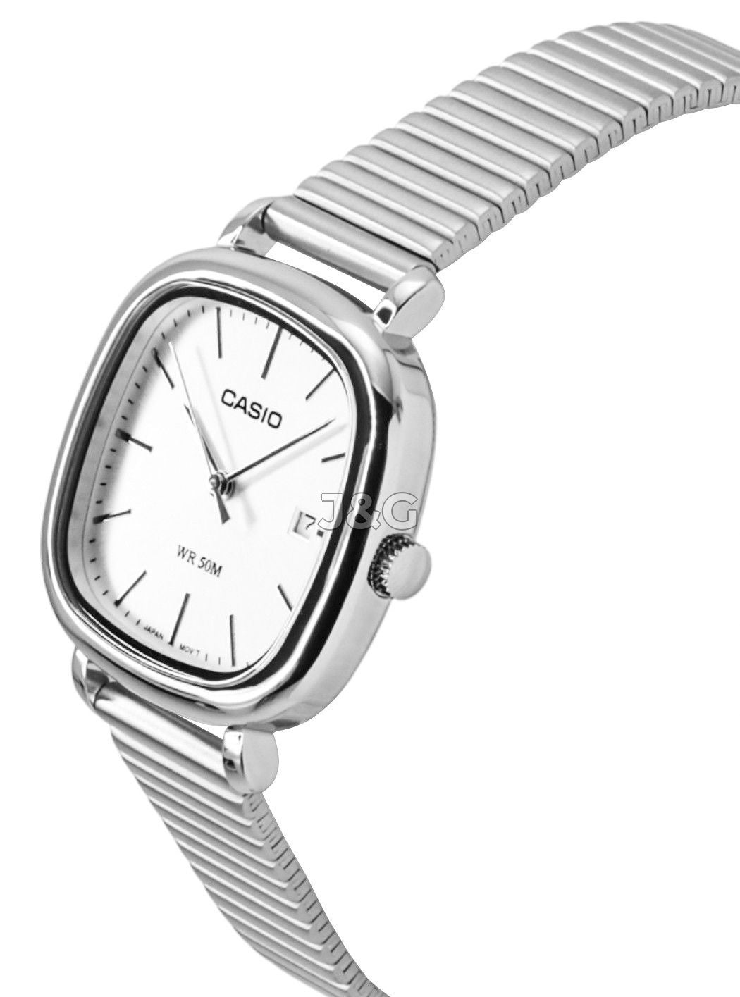 Casio Standard Date display Silver Stainless steel Female LTP-B166D-7AV. A brand-new Casio Standard watch featuring a Silver dial and a Stainless steel strap. Angled view. - view 2