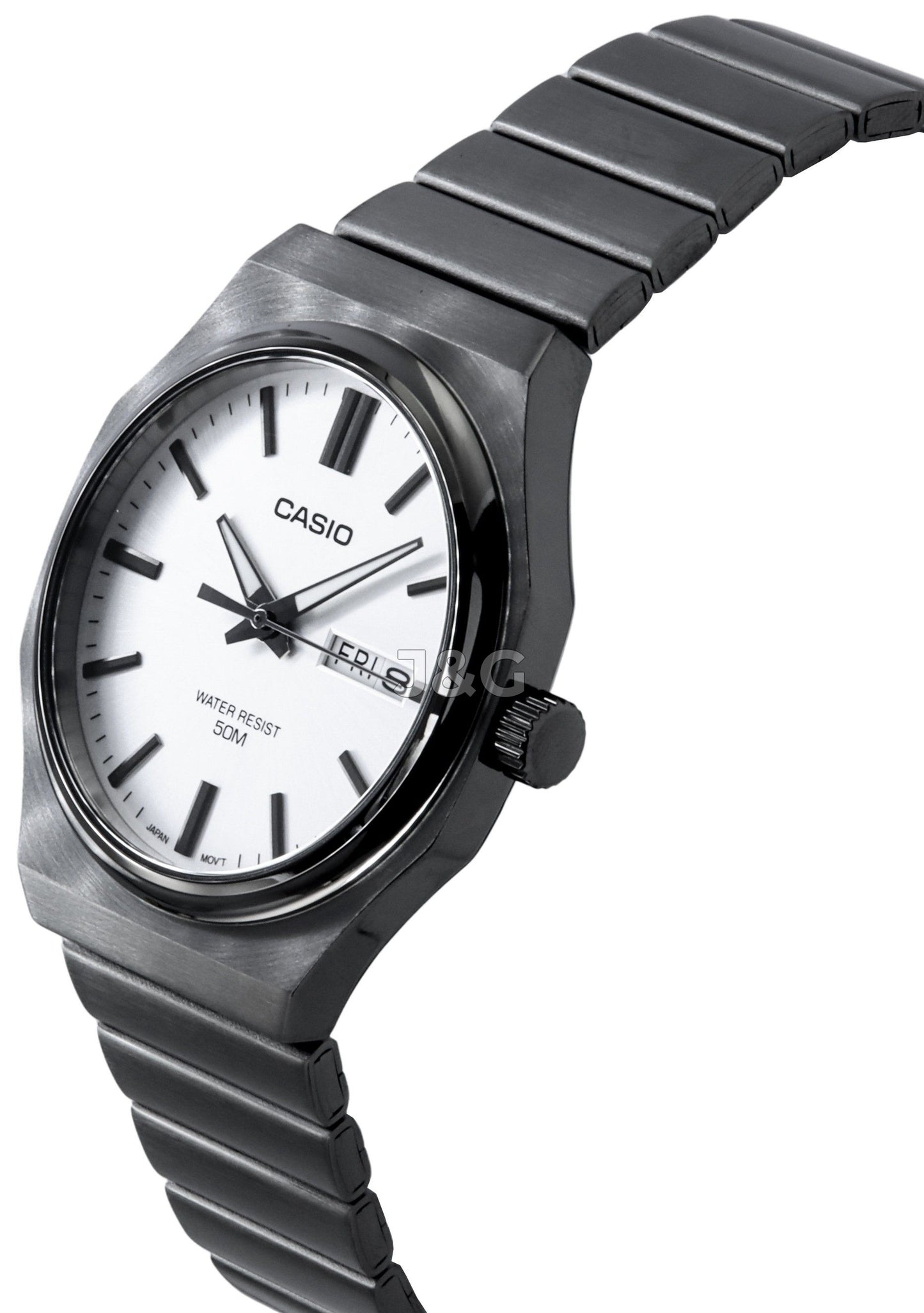 Casio Standard Date display Silver Stainless steel Male MTP-E735B-7AV. A brand-new Casio Standard watch featuring a Silver dial and a Stainless steel strap. Side view. - view 3