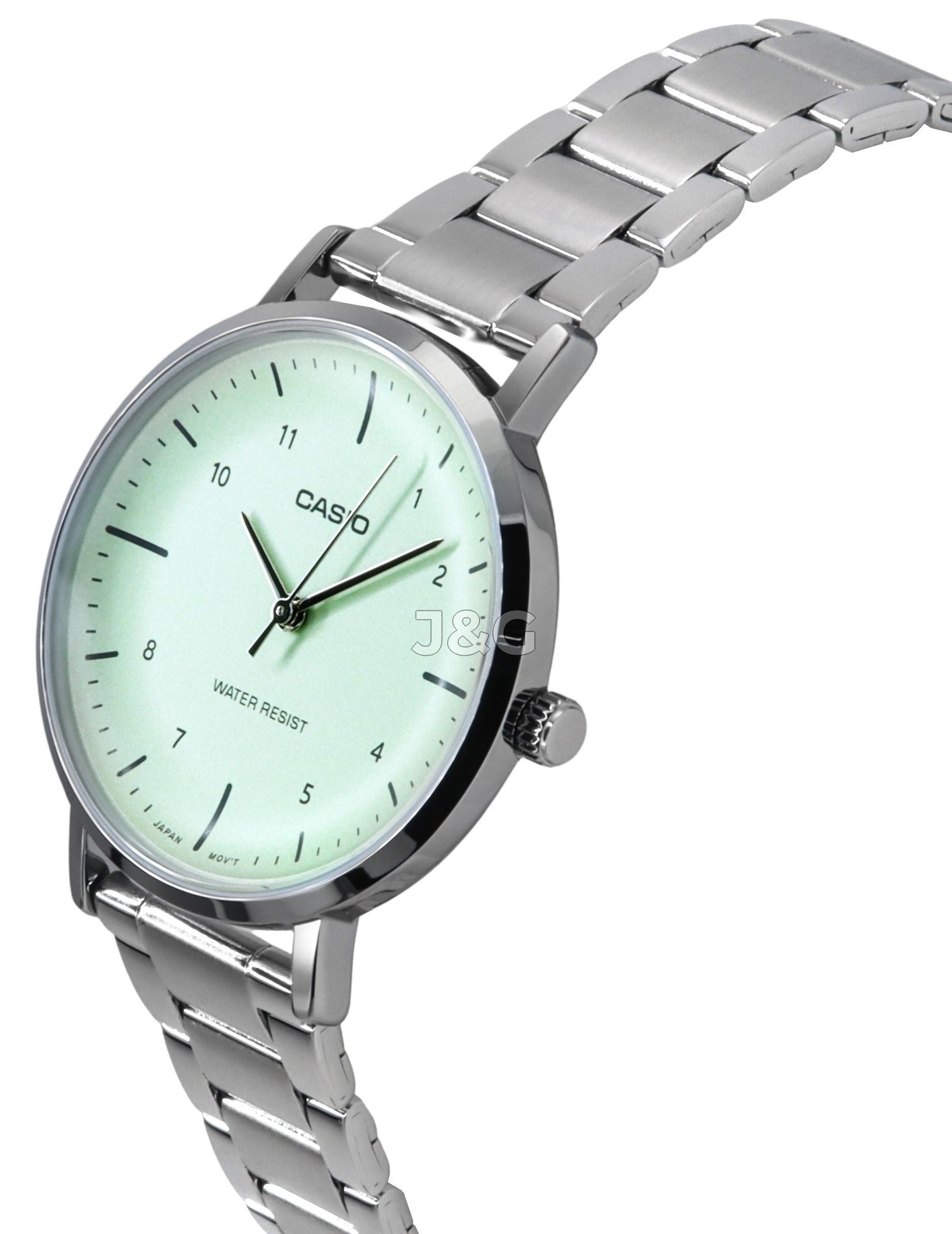 Casio Standard Deployment clasp Green Stainless steel Female LTP-VT03D-3B. A brand-new Casio Standard watch featuring a Green dial and a Stainless steel strap. Front view. - view 2