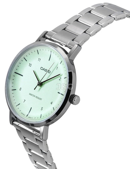 Casio Standard Deployment clasp Green Stainless steel Female LTP-VT03D-3B. A brand-new Casio Standard watch featuring a Green dial and a Stainless steel strap. Front view. - view 2