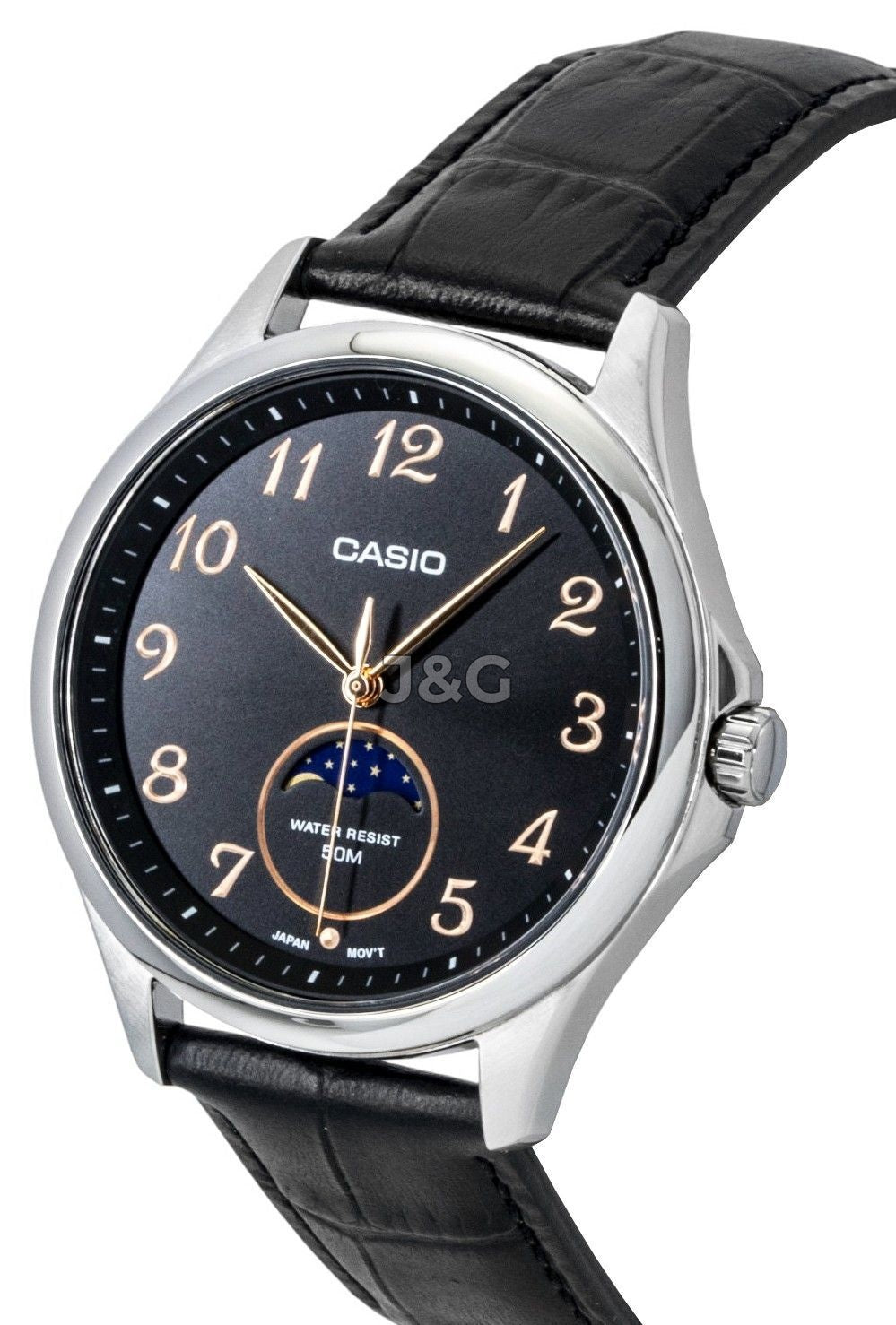 Casio Standard Moon phase display Black Leather Male MTP-M110L-1AV. A brand-new Casio Standard watch featuring a Black dial and a Leather strap. Angled view. - view 2