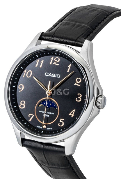 Casio Standard Moon phase display Black Leather Male MTP-M110L-1AV. A brand-new Casio Standard watch featuring a Black dial and a Leather strap. Angled view. - view 2