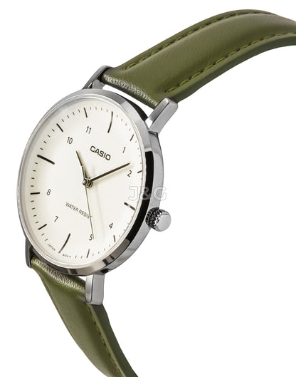 Casio Standard Quartz movement Beige Leather Female LTP-VT03L-3B. A brand-new Casio Standard watch featuring a Beige dial and a Leather strap. Angled view. - view 2