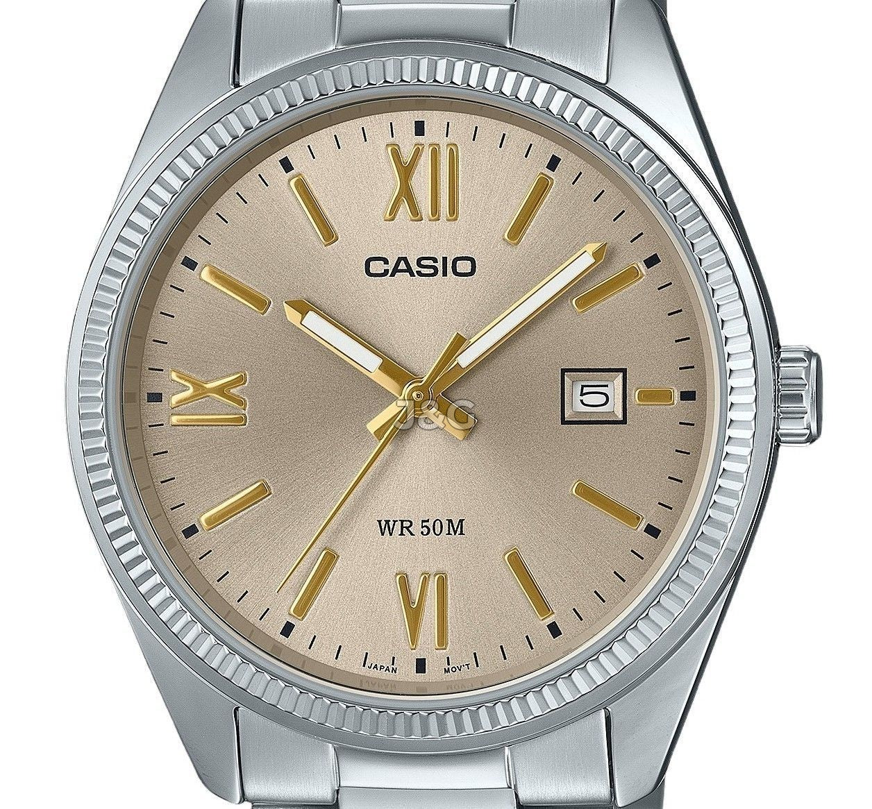 Casio Standard Quartz movement Beige Stainless steel Male MTP-1302DD-9AV. A brand-new Casio Standard watch featuring a Beige dial and a Stainless steel strap. Side view. - view 2
