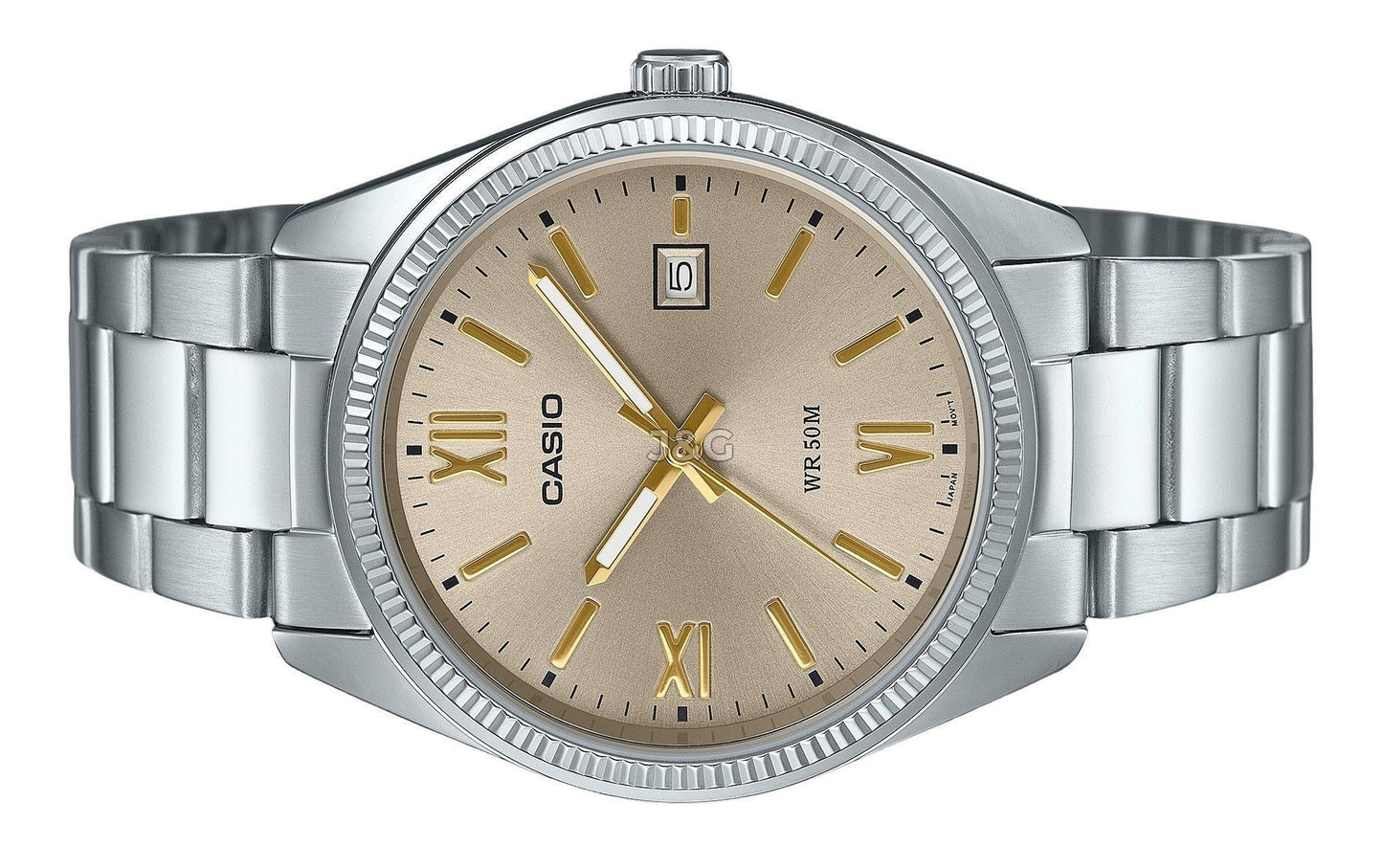 Casio Standard Quartz movement Beige Stainless steel Male MTP-1302DD-9AV. A brand-new Casio Standard watch featuring a Beige dial and a Stainless steel strap. Side view. - view 3
