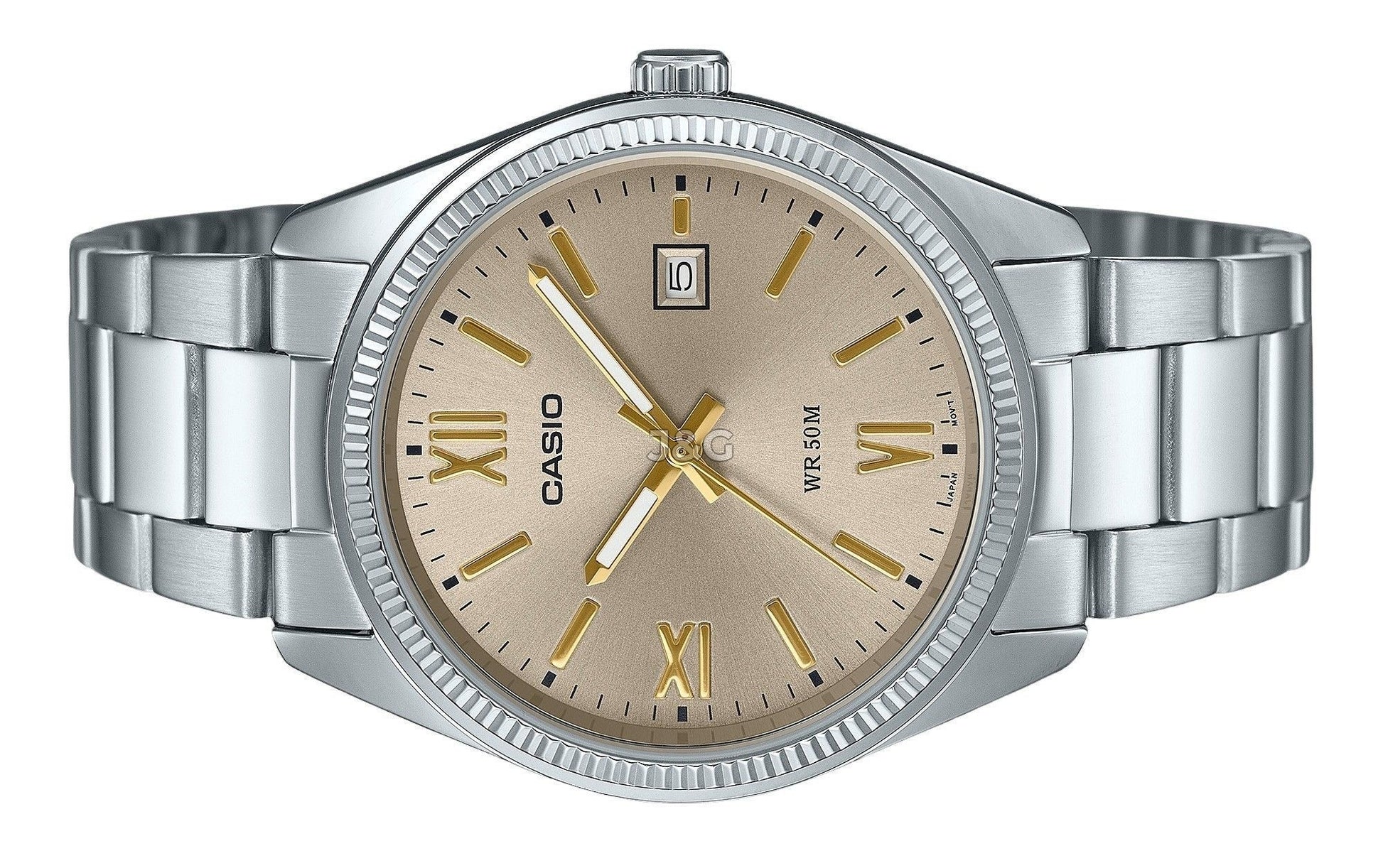 Casio Standard Quartz movement Beige Stainless steel Male MTP-1302DD-9AV. A brand-new Casio Standard watch featuring a Beige dial and a Stainless steel strap. Side view. - view 3