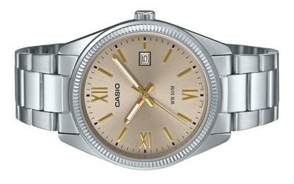 Casio Standard Quartz movement Beige Stainless steel Male MTP-1302DD-9AV. A brand-new Casio Standard watch featuring a Beige dial and a Stainless steel strap. Side view. - view 3