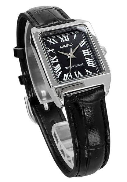 Casio Standard Quartz movement Black Leather Female LTP-V007L-1B. A brand-new Casio Standard watch featuring a Black dial and a Leather strap. Front view. - view 2