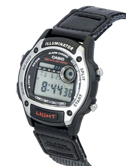 Casio Standard Quartz movement Black Leather Male W-220HF-8AV. A brand-new Casio Standard watch featuring a Black dial and a Leather strap. Angled view. - view 3