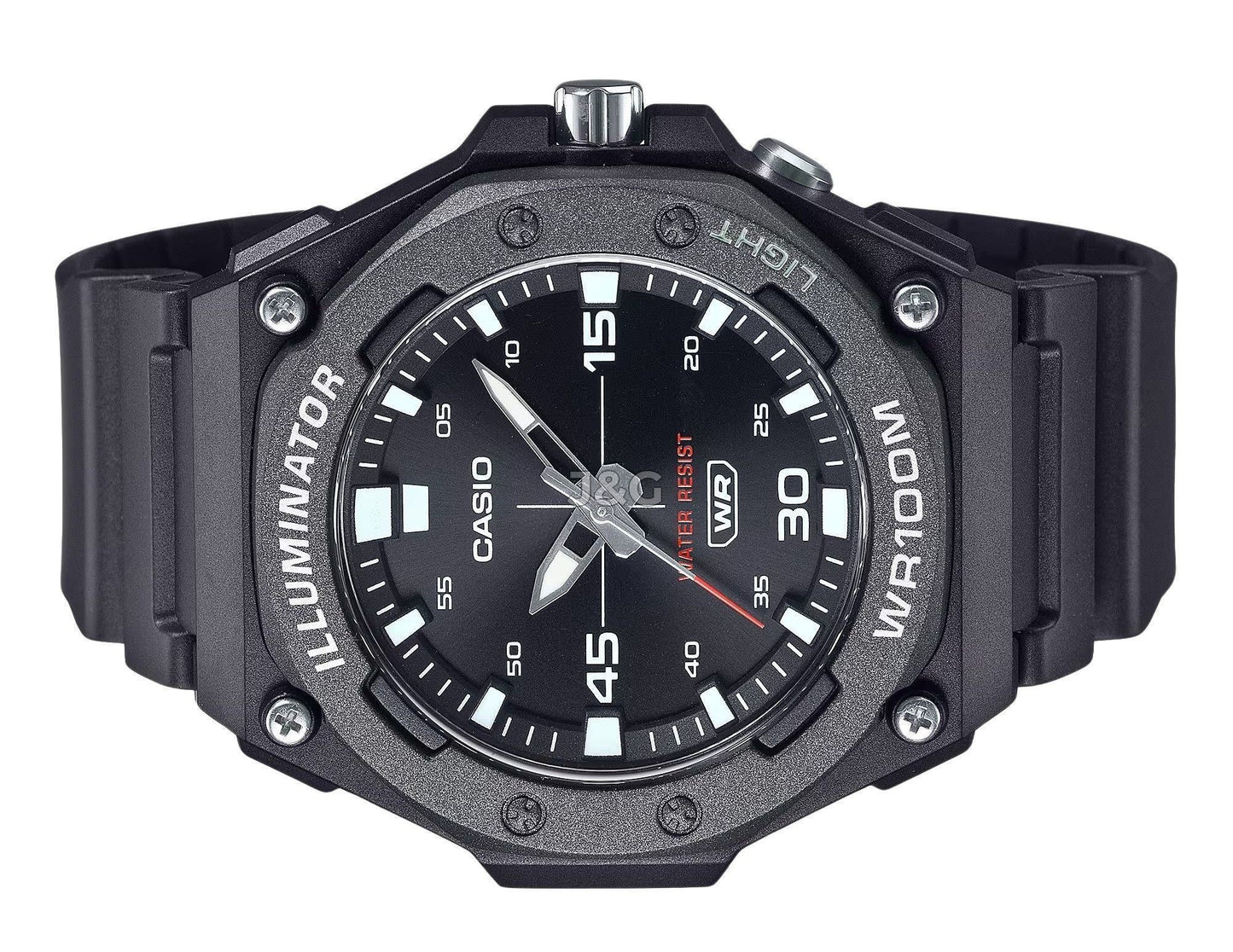 Casio Standard Quartz movement Black Male MW-620H-1AV. A brand-new Casio Standard watch featuring a Black dial. Angled view. - view 3