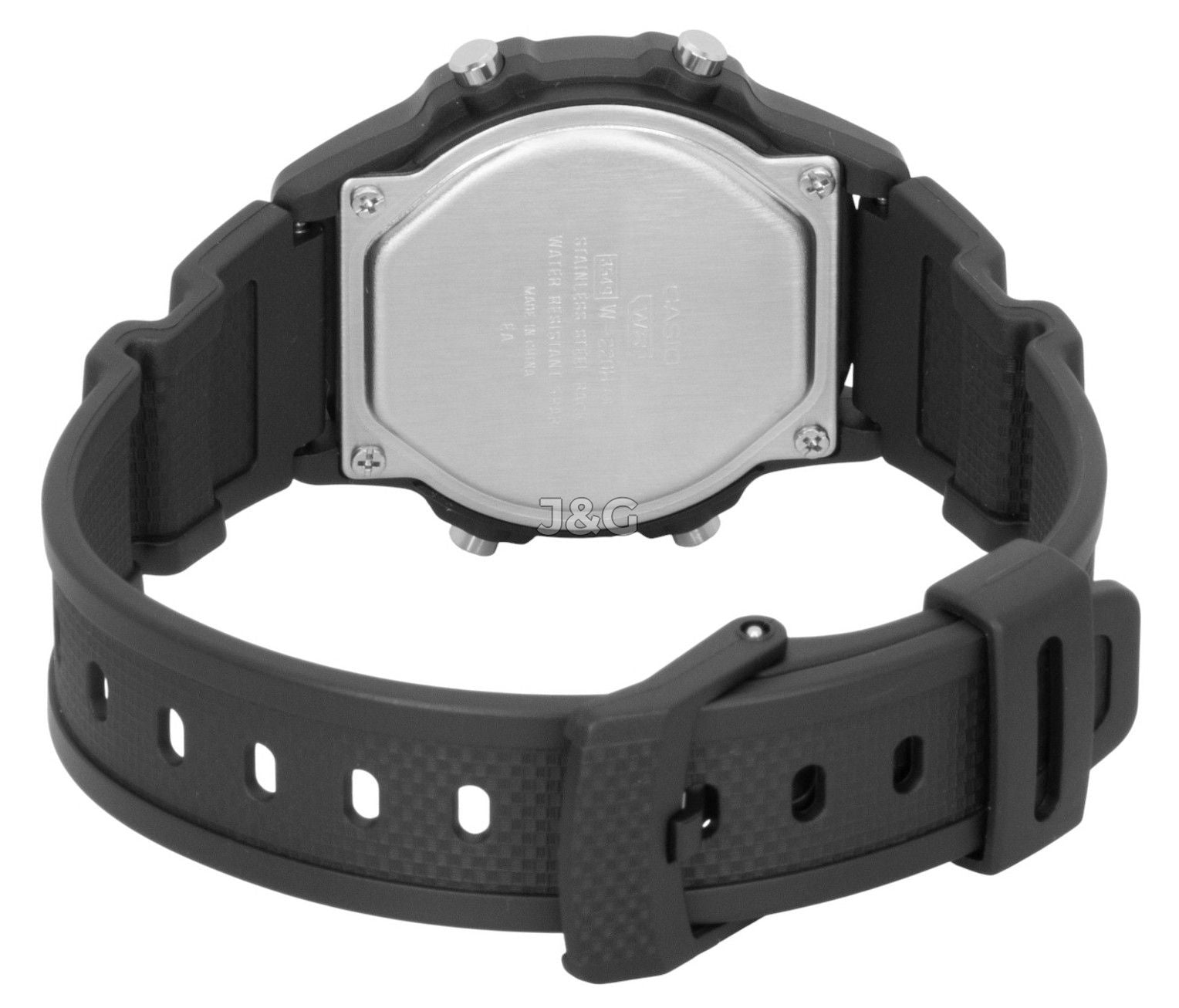 Casio Standard Quartz movement Black Plastic Male W-220H-1AV. A brand-new Casio Standard watch featuring a Black dial and a Plastic strap. Front view. - view 4