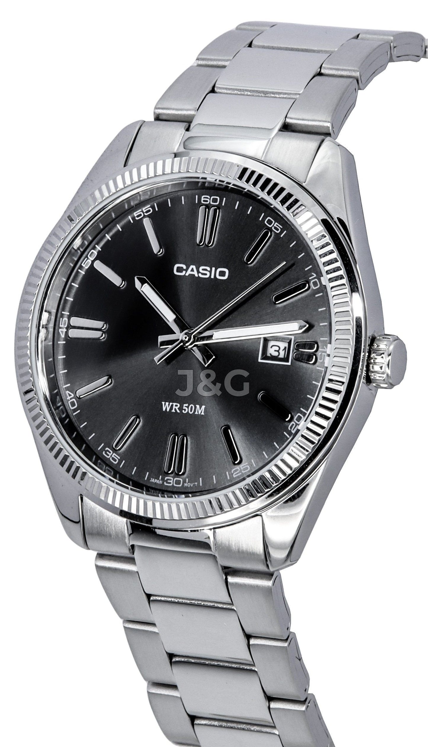 Casio Standard Quartz movement Black Stainless steel Male MTP-1302D-1A1. A brand-new Casio Standard watch featuring a Black dial and a Stainless steel strap. Front view. - view 3