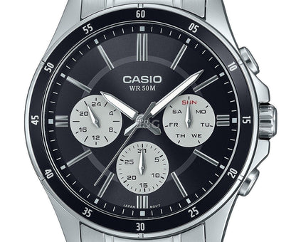 Casio Standard Quartz movement Black Stainless steel Male MTP-1374D-1A3V. A brand-new Casio Standard watch featuring a Black dial and a Stainless steel strap. Side view. - view 2