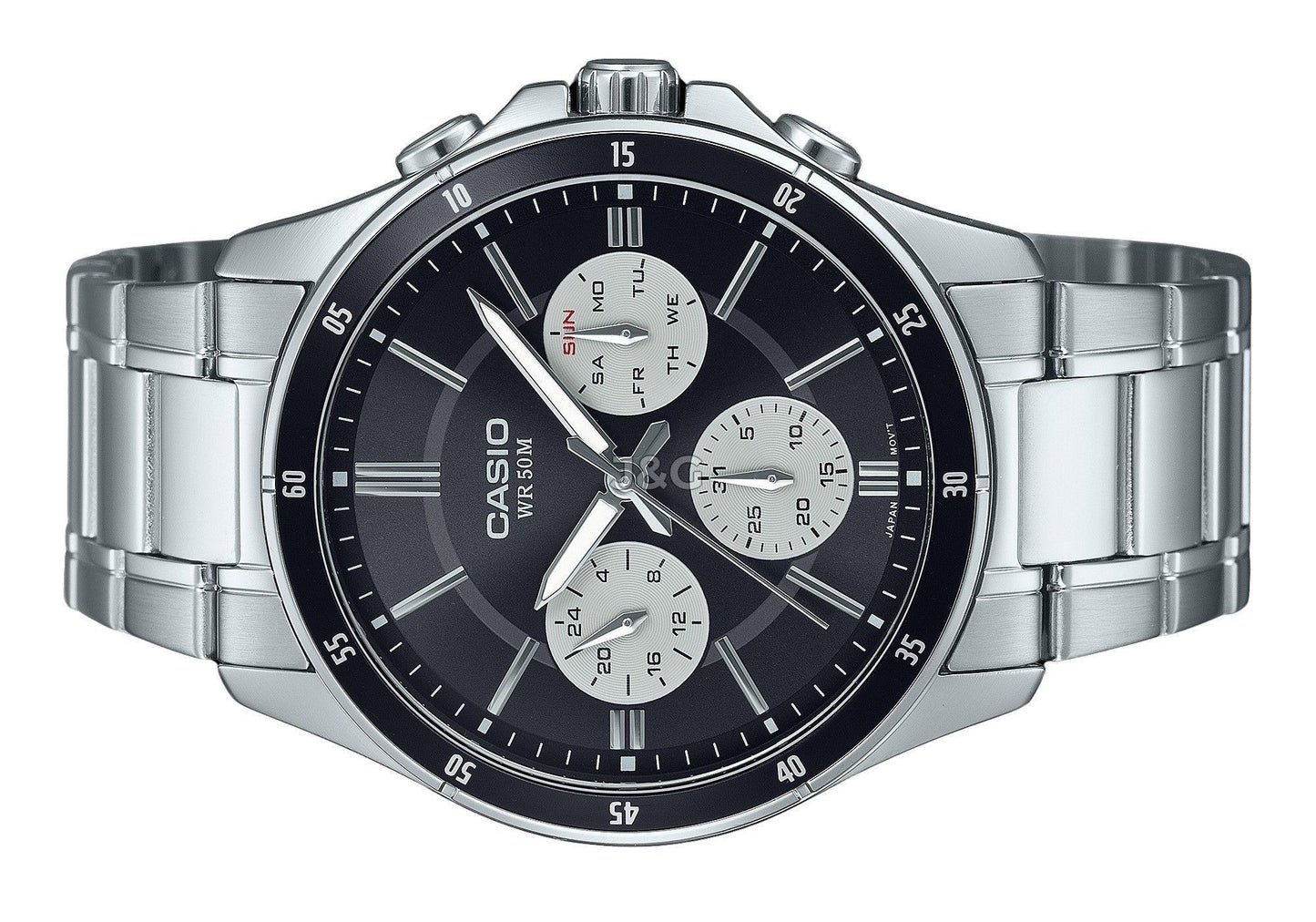 Casio Standard Quartz movement Black Stainless steel Male MTP-1374D-1A3V. A brand-new Casio Standard watch featuring a Black dial and a Stainless steel strap. Side view. - view 3