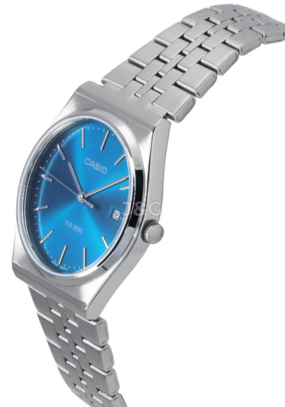 Casio Standard Quartz movement Blue Stainless steel Male MTP-B145D-2A2. A brand-new Casio Standard watch featuring a Blue dial and a Stainless steel strap. Side view. - view 2