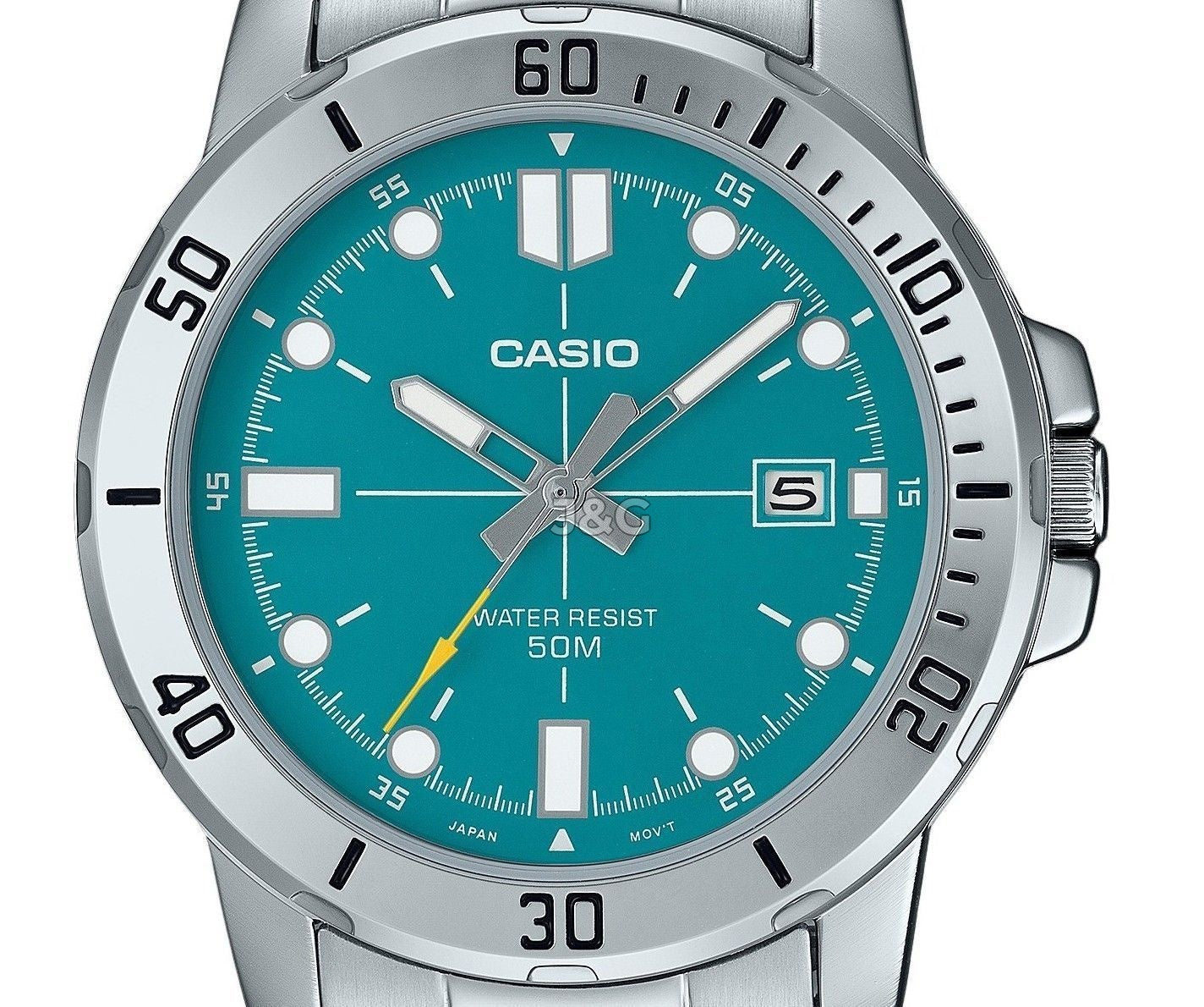 Casio Standard Quartz movement Blue Stainless steel Male MTP-VD01D-3E2V. A brand-new Casio Standard watch featuring a Blue dial and a Stainless steel strap. Side view. - view 2