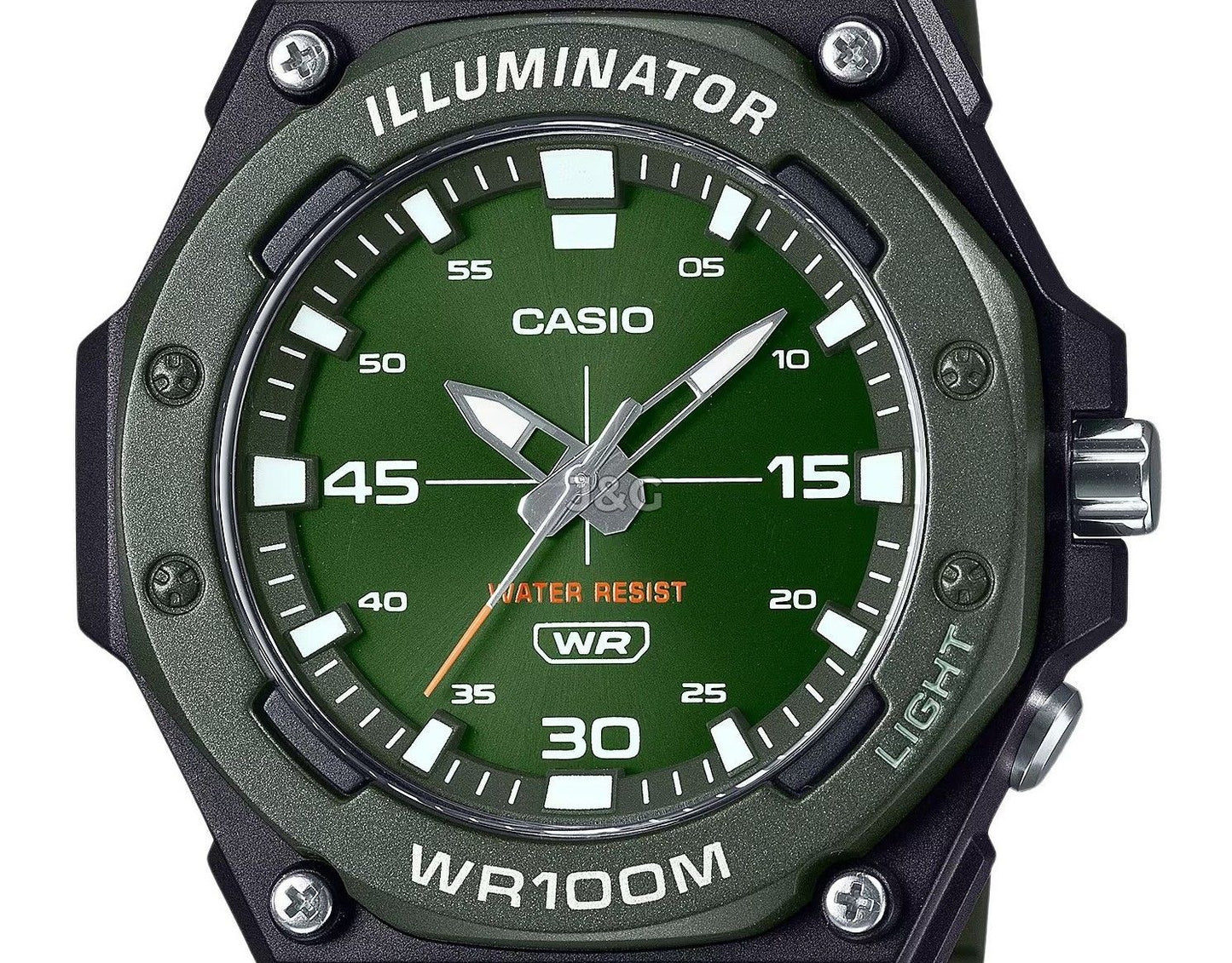 Casio Standard Quartz movement Green Male MW-620H-3AV. A brand-new Casio Standard watch featuring a Green dial. Angled view. - view 2