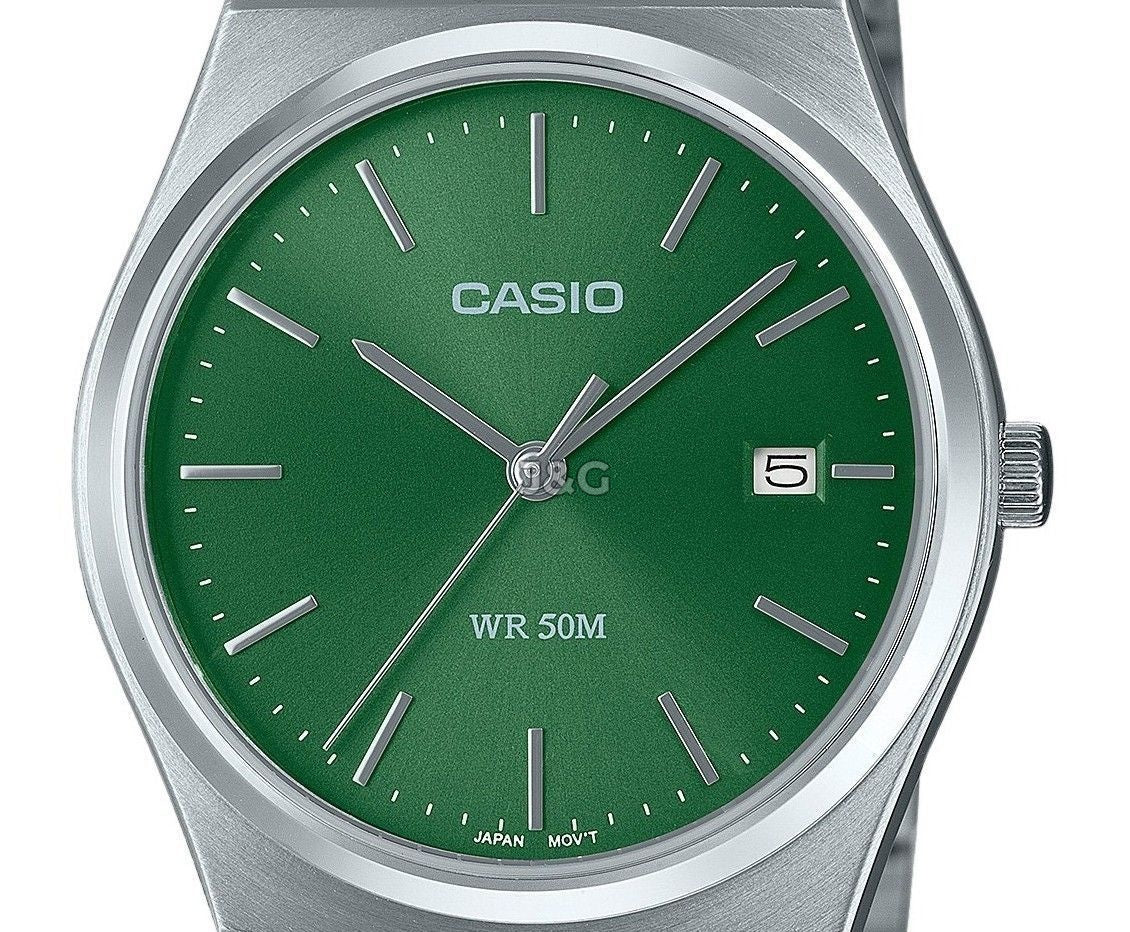 Casio Standard Quartz movement Green Stainless steel Male MTP-B145D-3AV. A brand-new Casio Standard watch featuring a Green dial and a Stainless steel strap. Front view. - view 2