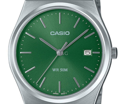 Casio Standard Quartz movement Green Stainless steel Male MTP-B145D-3AV. A brand-new Casio Standard watch featuring a Green dial and a Stainless steel strap. Front view. - view 2