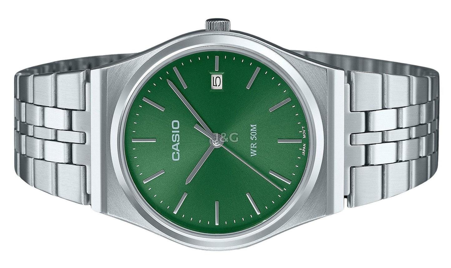 Casio Standard Quartz movement Green Stainless steel Male MTP-B145D-3AV. A brand-new Casio Standard watch featuring a Green dial and a Stainless steel strap. Front view. - view 3