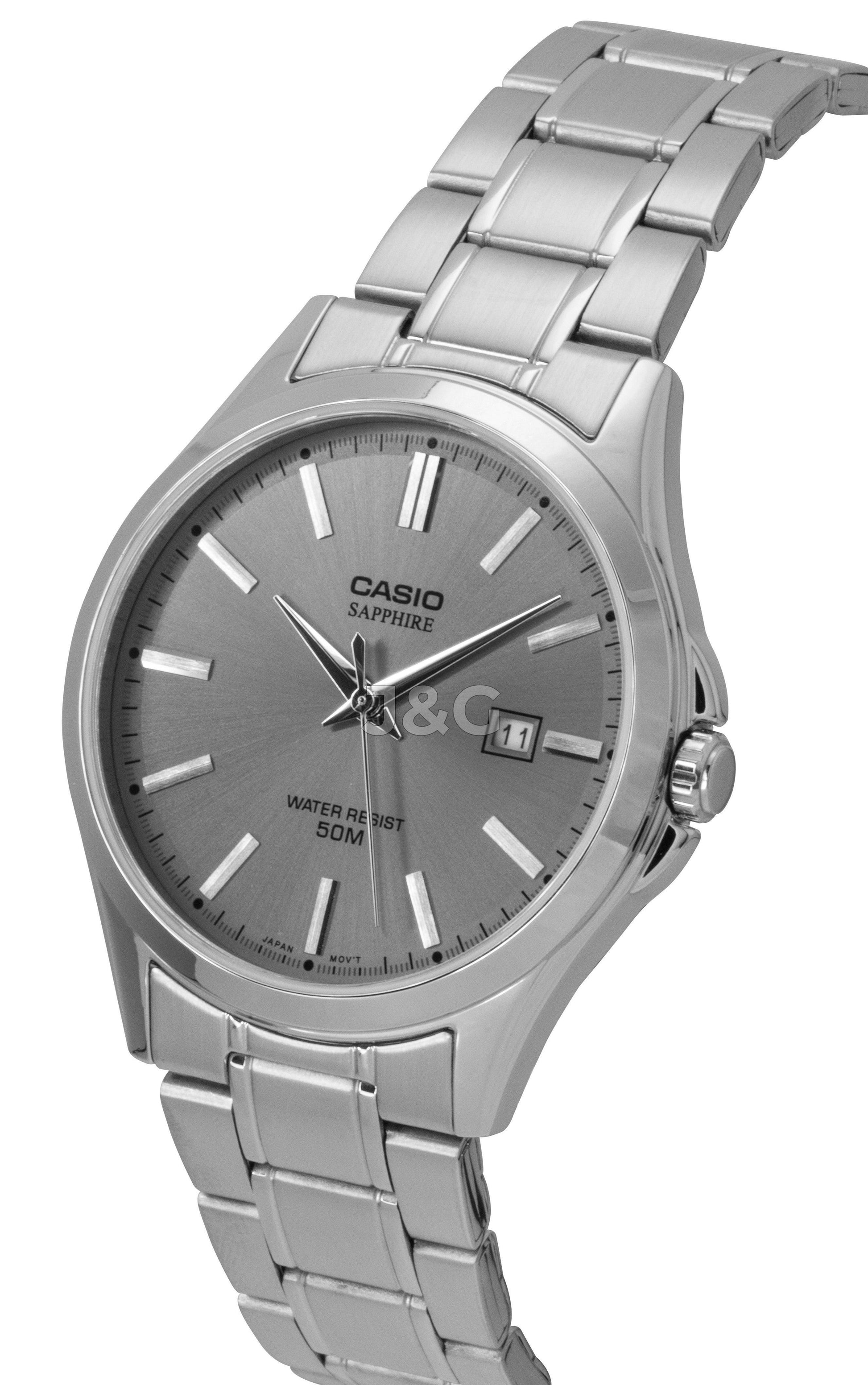 Casio Standard Quartz movement Grey Stainless steel Male MTS-115D-8AV. A brand-new Casio Standard watch featuring a Grey dial and a Stainless steel strap. Front view. - view 2