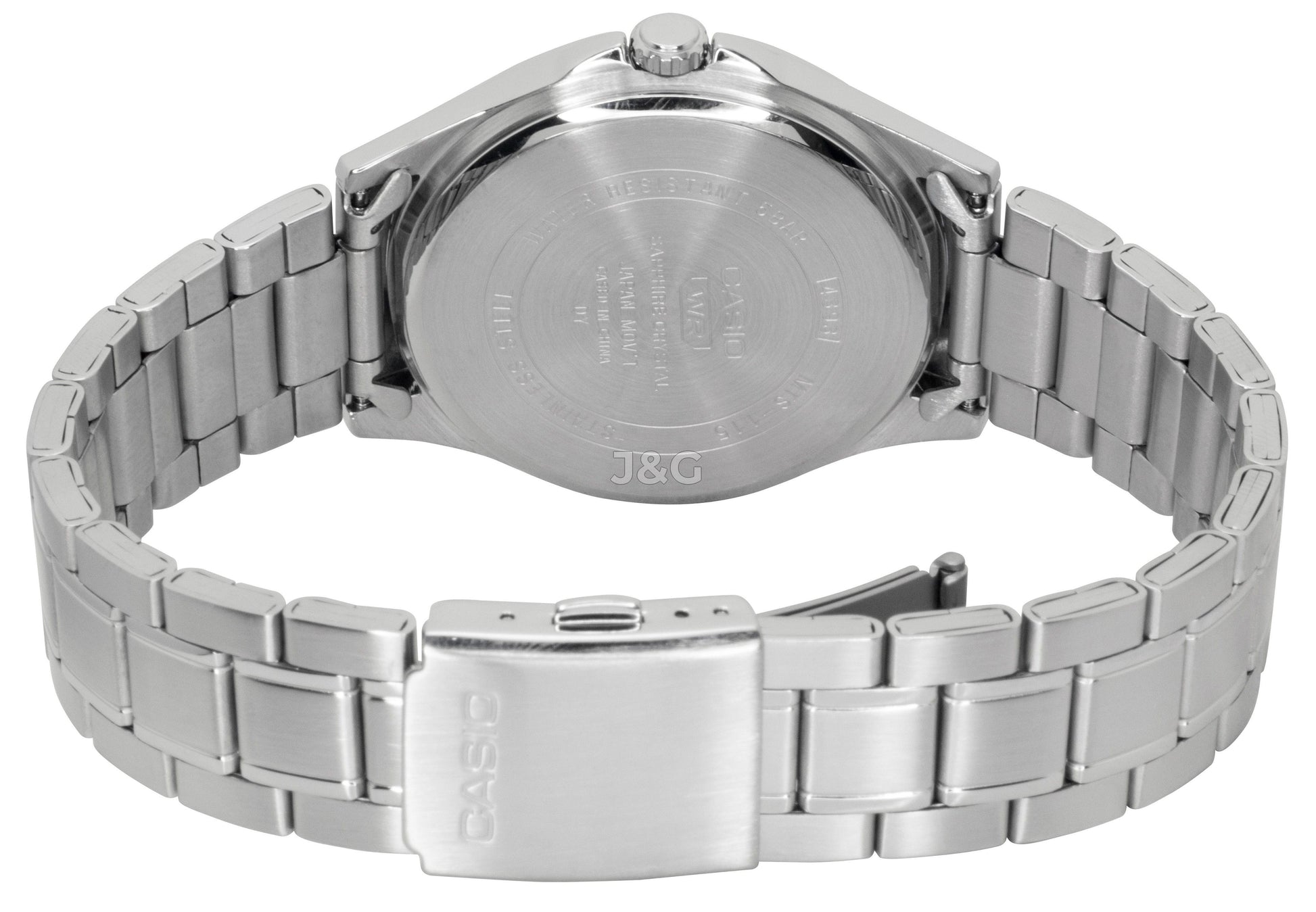 Casio Standard Quartz movement Grey Stainless steel Male MTS-115D-8AV. A brand-new Casio Standard watch featuring a Grey dial and a Stainless steel strap. Front view. - view 3
